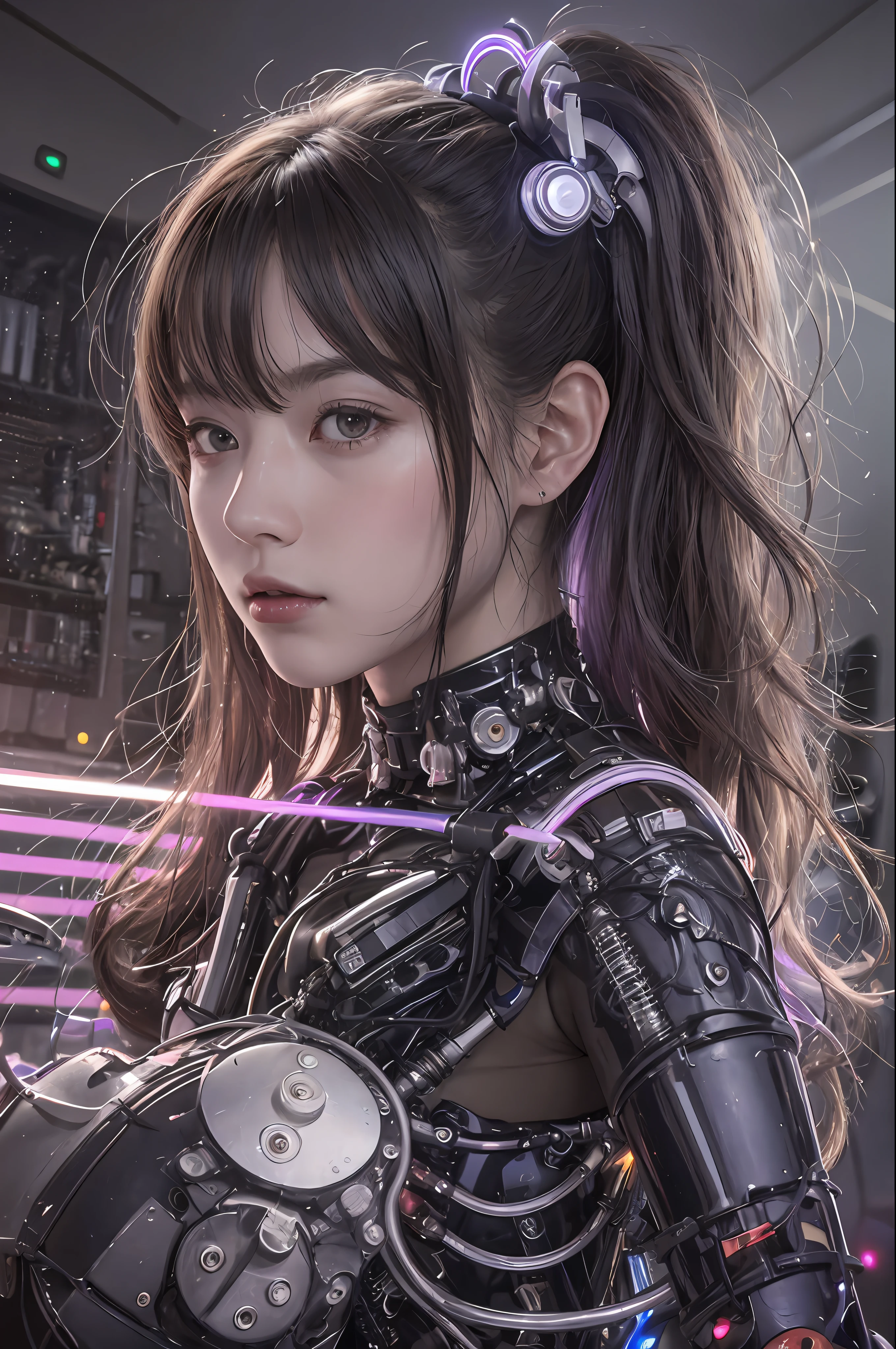 beste-Qualit、шедевр、ultra-high-resolution、(photo- realistic:1.4)、Raw photo、1人、Black hair、glowy skin、Cyberpunk Suit、((hyper realistic detail))、portlate、Global Illumination、Shadow、octan render、in 8K、ultrasharp、巨乳、Raw skin is exposed in cleavage、metals、Details of complex ornaments、Gothloli details、Luminous tube、extremely intricate detail、Realistic light、CGSoation Trends、purple-eyed、radiant eyes、Facing the camera、neon details、Mechanical limbs、blood vessels connected to tubes、Mechanical vertebrae attached to the back、mechanical cervical attaching to neck、sitting on、Wires and cables connecting to the head、Small LED lamp、The background is the server room of the future、