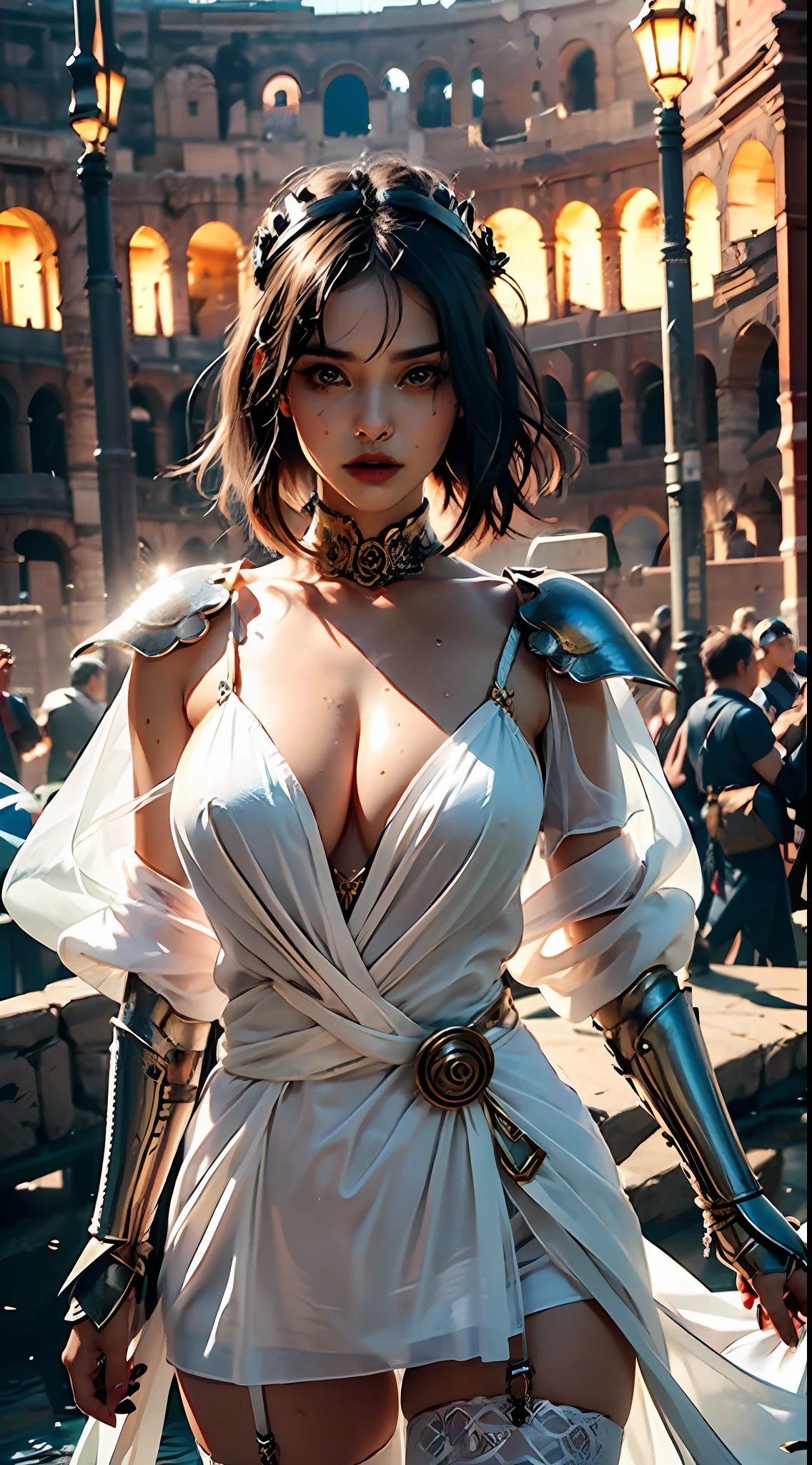 goth style,Colosseum background in Rome,cheer,Bunting, girls,Bust,vampirella,rosette,rosebush,Red eyes,Extremely beautiful eyes,Exquisite and perfect look,Detailed portrayal of the face,Detailed engraving of the facial expressions,Detailed portrayal of facial features,A masterpiece shot with full-length portraits creates a panorama,Wet temptation,realskin,Tulle stockings,seios gigantescos(Perfect round breasts),Huge cleavage(Perfect cleavage),Expose the breast,Perfect leg,perfect hand,Cocked buttocks,Behind him stood the Silver Armor Knight,Best Quority,Hi-Def,8K,high rise,Hyper-Resolution,full body shot close up