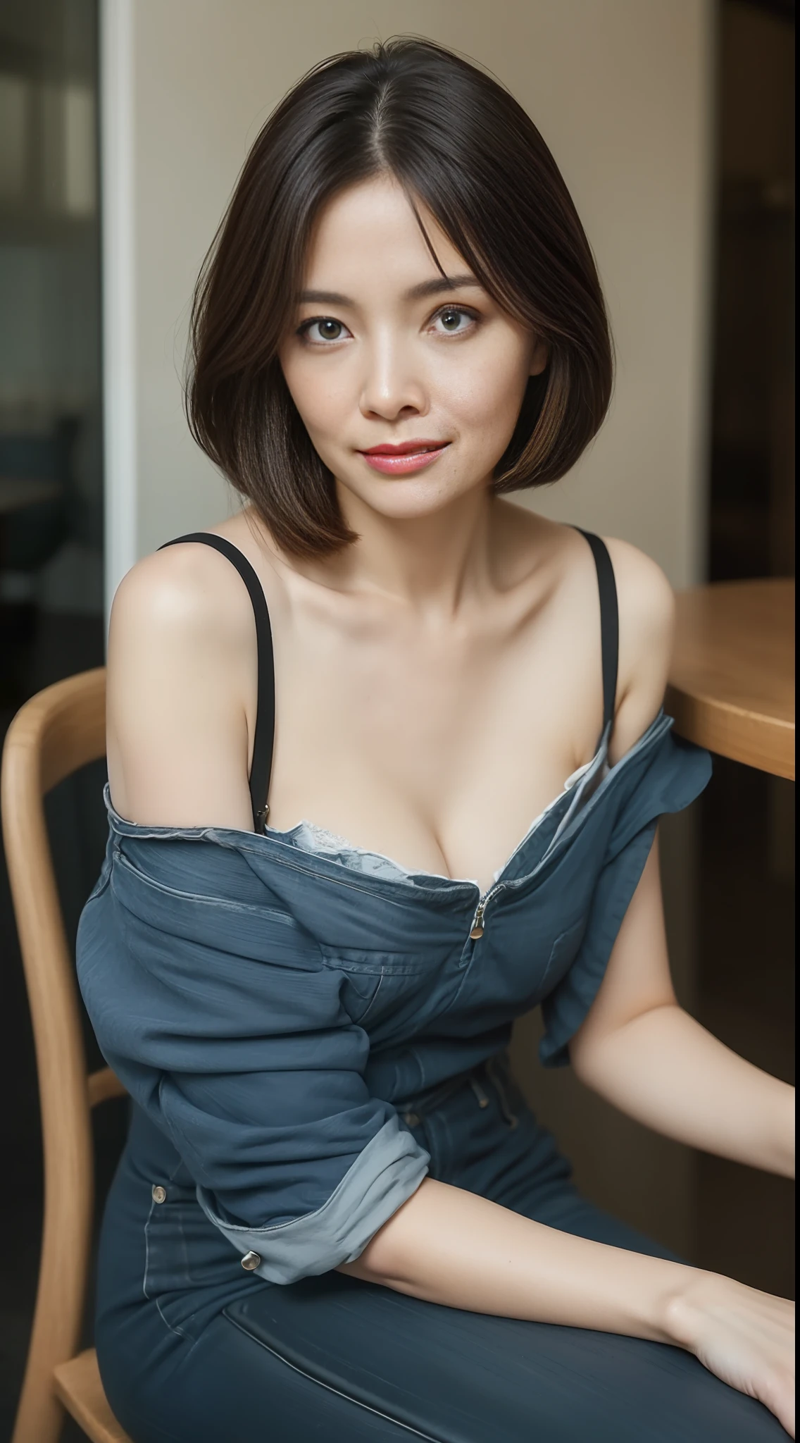 шедевр, Top image quality, A high resolution, 独奏, small tits, 40yo, (wrinkles:0.08), 1 persons, cafes, sits on a chair, Stylish coordination, Bob Hair,