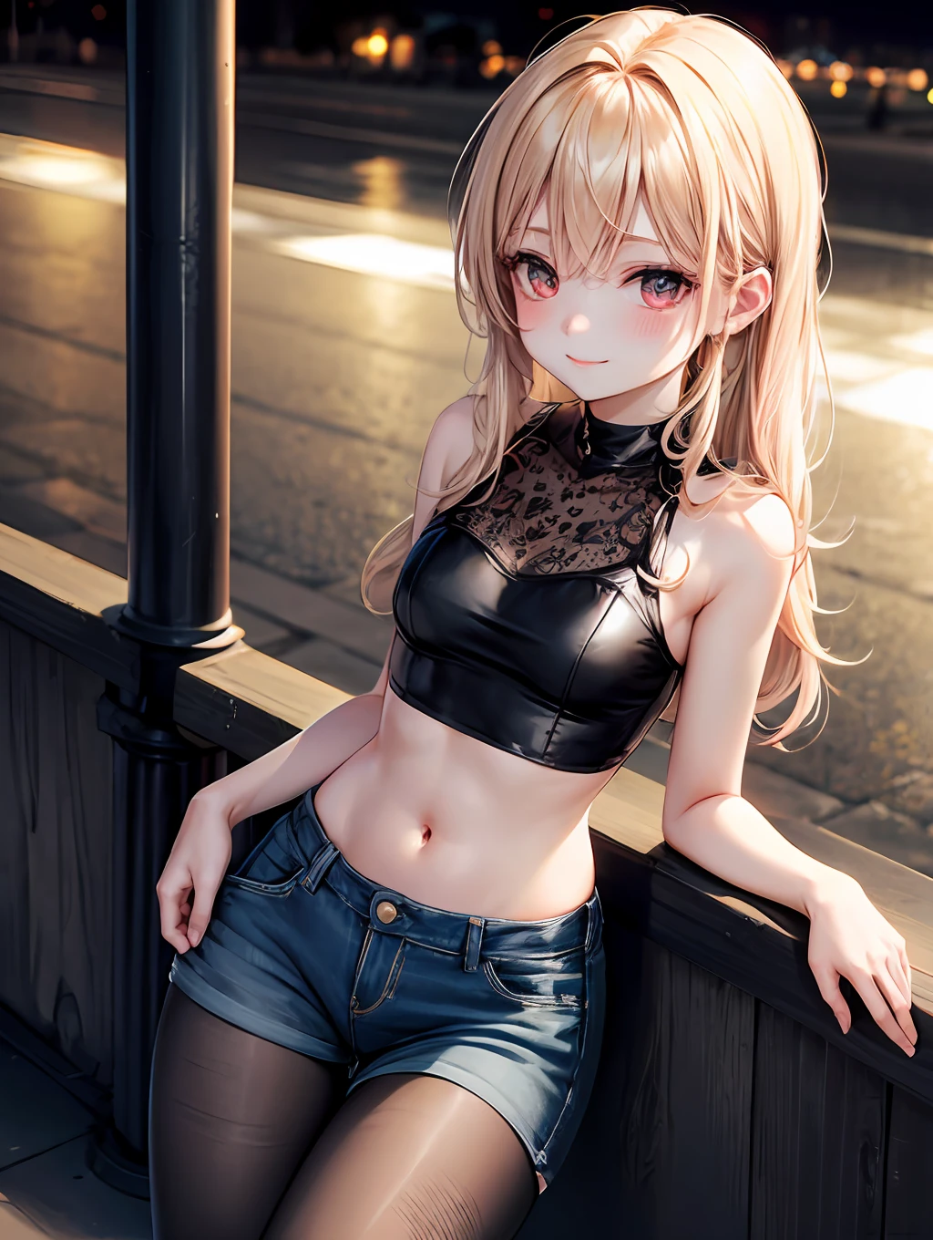 beste-Qualit、babes、a blond、Longhaire、Inner curl、Red eyes、Pink blush color under the eyes:1.3、Small face、a smile、Black tops:1.5、巨乳、Emphasis on the chest:1.4、Navel、Constriction、Denim hot pants:1.1、Black mesh tights:1.3、beauty legs、nights、gloomy lighting、a park、No people、View here、Angle from diagonally above、Background blur