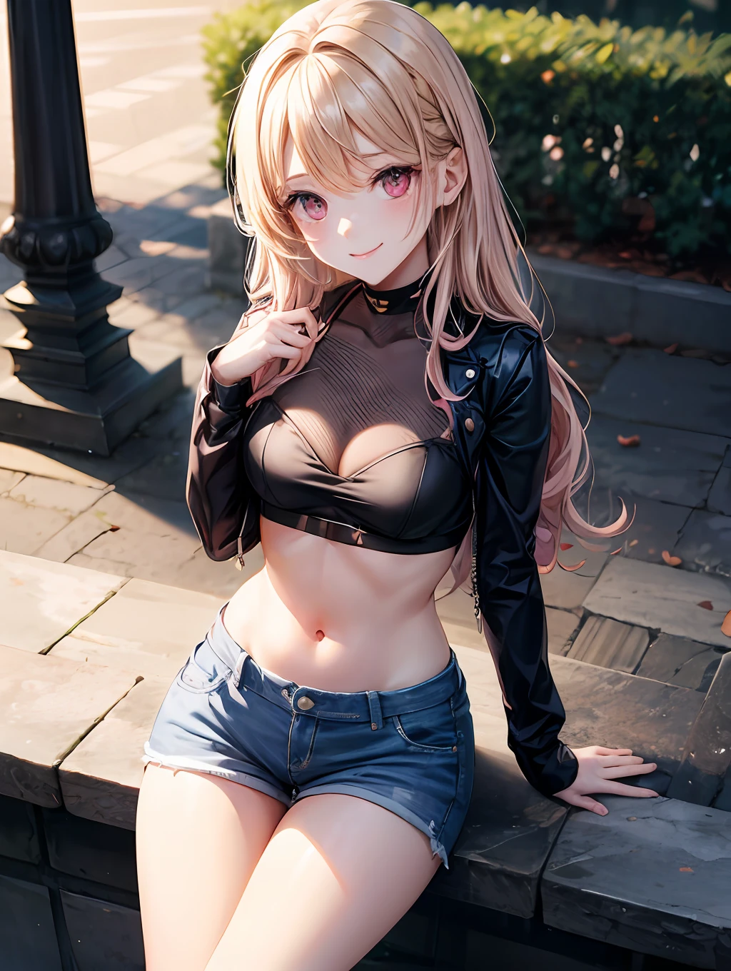 beste-Qualit、babes、a blond、Longhaire、Inner curl、Red eyes、Pink blush color under the eyes:1.3、Small face、a smile、Black tops:1.5、巨乳、Emphasis on the chest:1.4、Navel、Constriction、Denim hot pants:1.1、Black mesh tights:1.3、beauty legs、nights、gloomy lighting、a park、No people、View here、Angle from diagonally above、Background blur