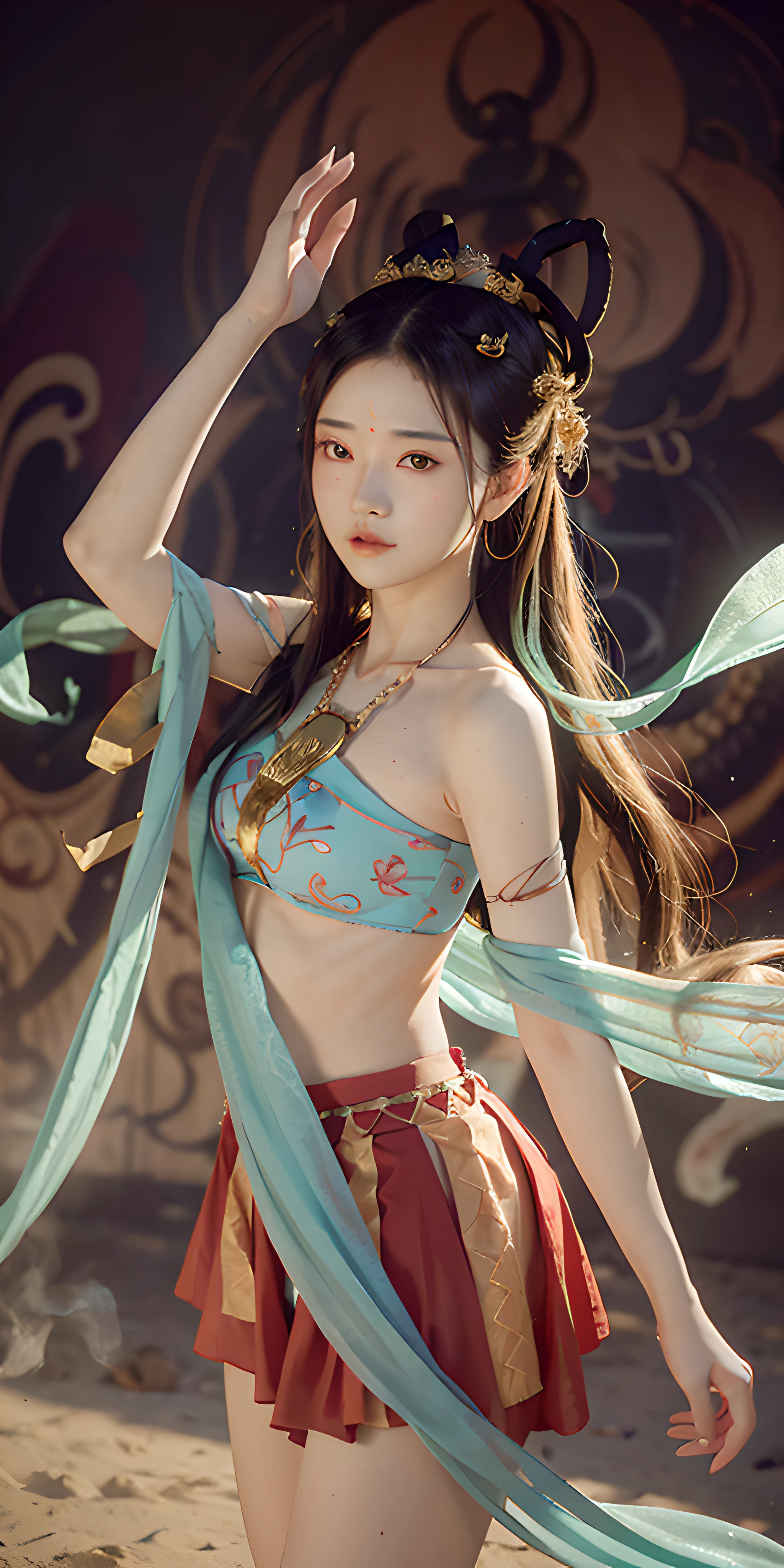 1girl, Dunhuang flying costume, messy long hair, zydG, Dunhuang style, a lot of smoke, superb, elegant colors, red ribbon, realistic, high detail, masterpiece, super detail, dynamic angle, mural background, ink, amazing, movie lighting, illustration, chiaroscuro, backlight, god light, best quality, best quality, anatomically correct, surrealism, drop shadow, anaglyph, stereogram, tachi-e, pov, atmospheric perspective, 8k, super detail, ccurate, best quality, anatomically correct, high details, best quality, high quality, highres