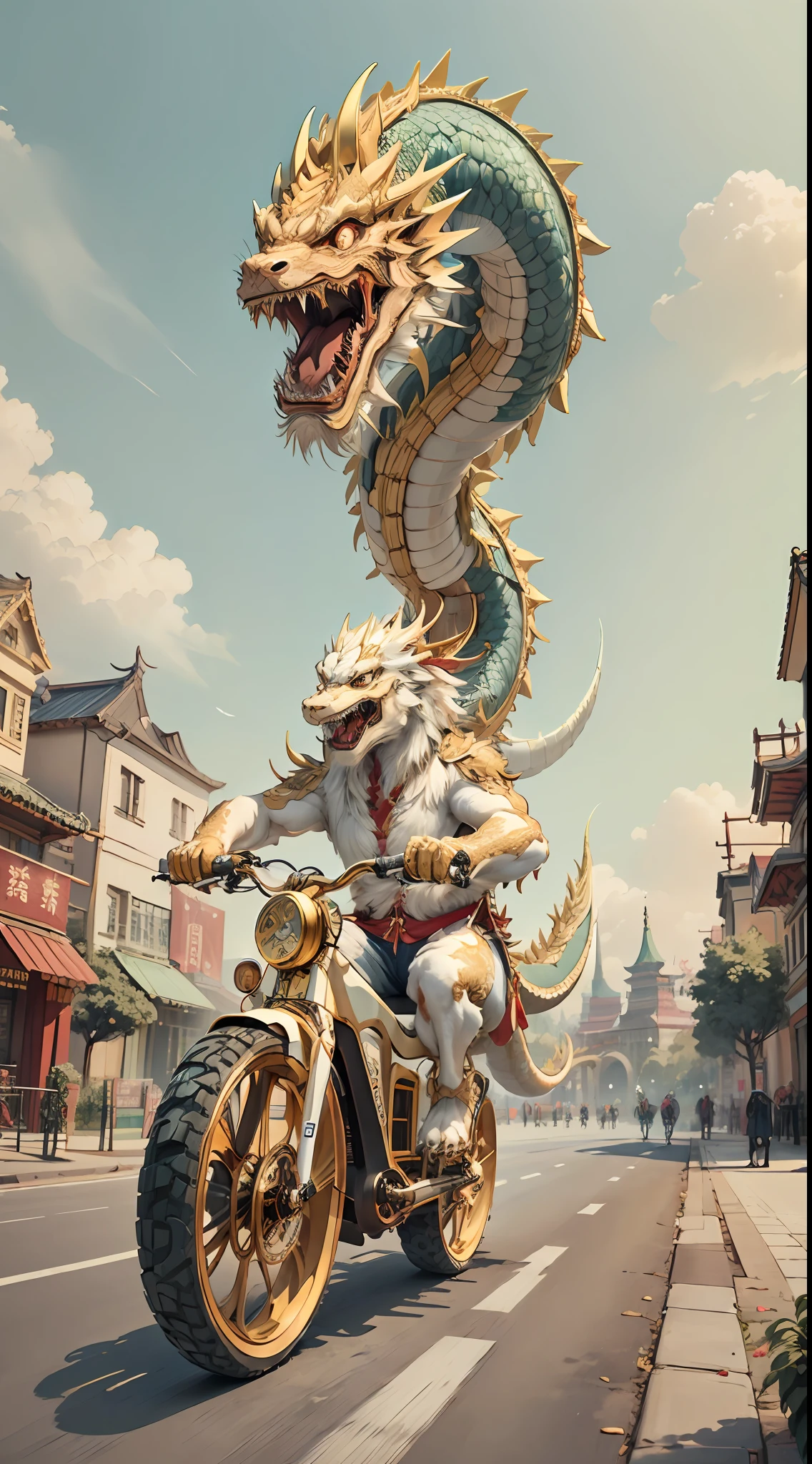 IvoryGoldAI,(Chinese dragon), (riding an electric bike)