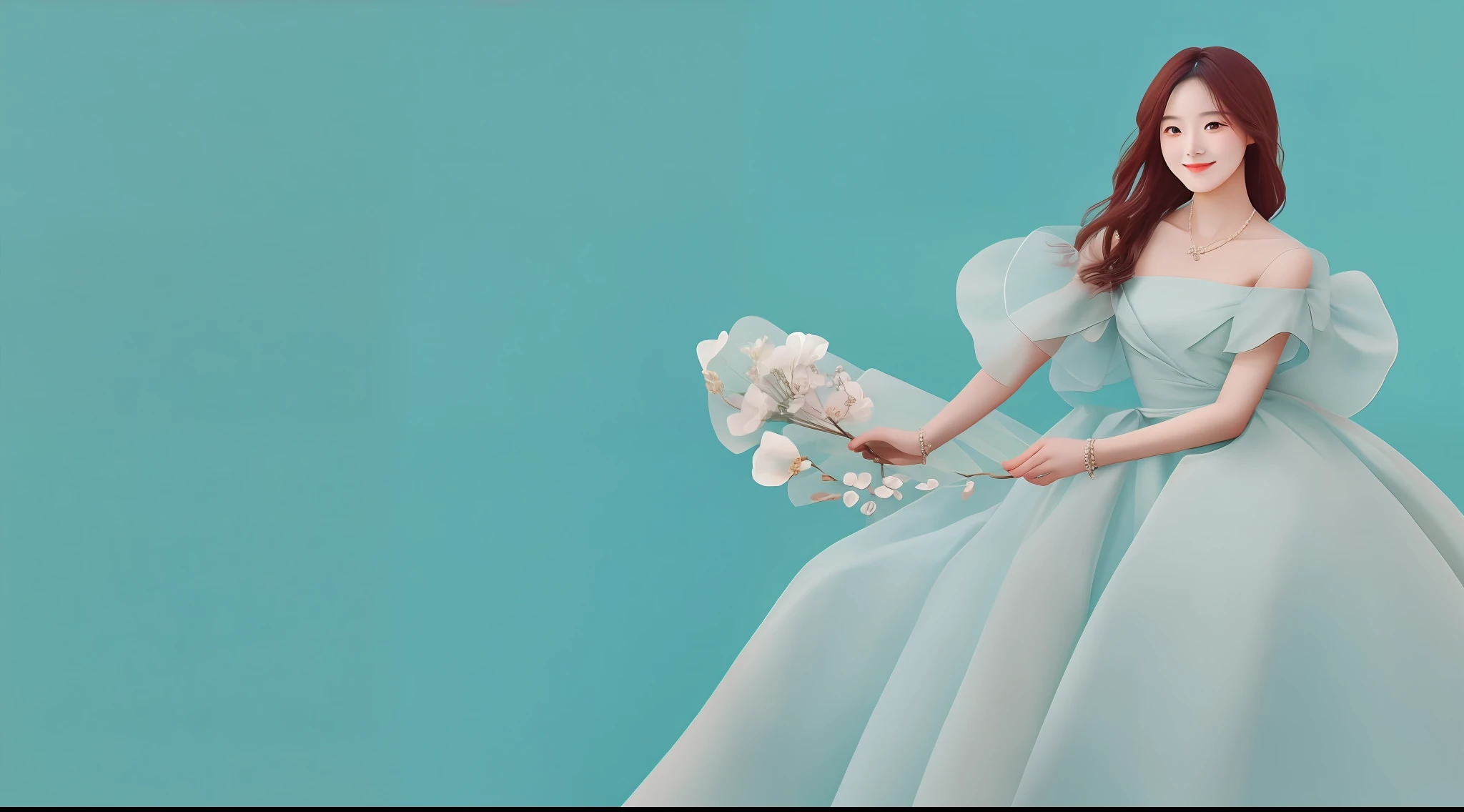 A temperamental beauty holding a Tiffany flower,With a smile, The facial features are three-dimensional and delicate, Dressed in Tiffany clothes, Tiffany blue pure photography background, Photo elegant digital art, tiffany style,Texture,the detail, High-quality posters
Wait for it to start