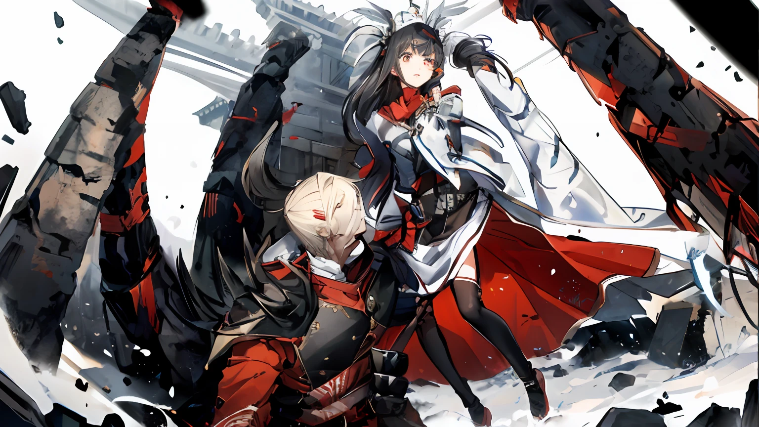 Dilapidated temple, A man in silver armor grabbed a black-haired woman in a red cloak with white feathers on her head,