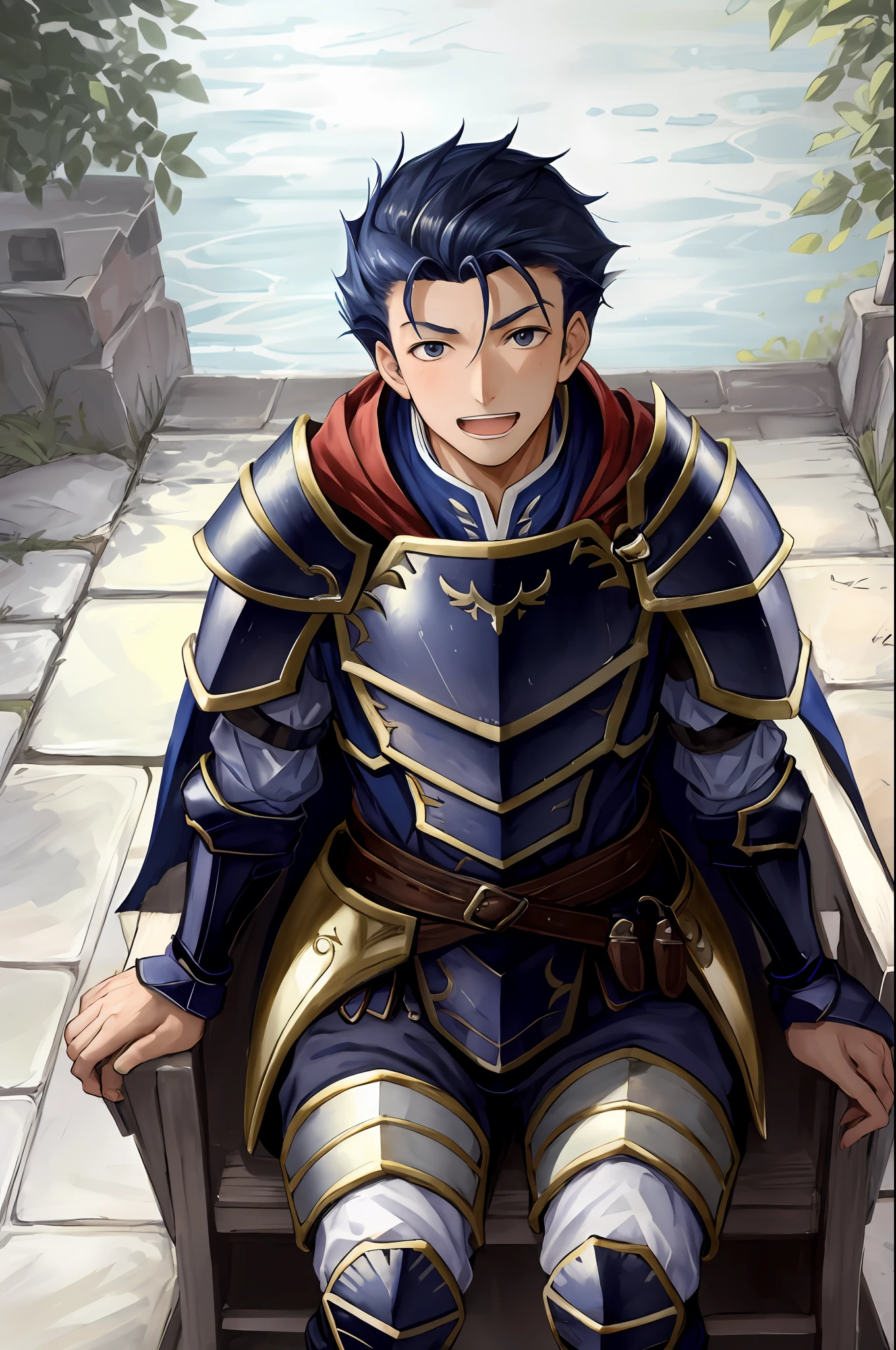 Hector Fey, 独奏, looks at the viewer, Teasing laughter, Open your mouth,droolng,perspire,Drenched,Get wet,mitts, 1 man, Male focus, Sit straddled(sitting in chair),Cloak, Armour, Shoulder armor, pov from below