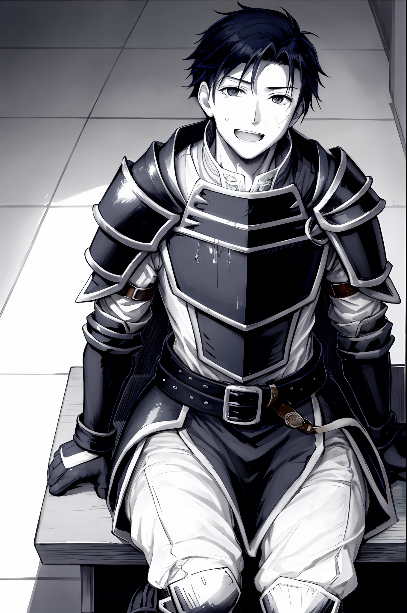 Hector Fey, 独奏, looks at the viewer, Teasing laughter, Open your mouth,droolng,perspire,Drenched,Get wet,mitts, 1 man, Male focus, Sit straddled(sitting in chair),Cloak, Armour, Shoulder armor, pov from below