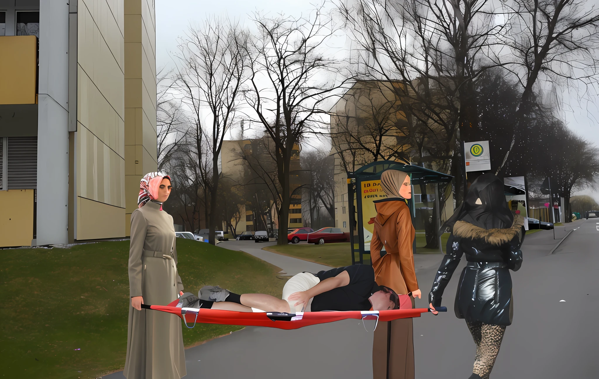 There is a man lying on a stretcher with his hands crossed over his face, a man in a t-shirt and sports shorts has crossed his hands over his face, the man has an agonised face under his hands, two longhaired and ponytailed women that are wearing very shiny coats, there are longhaired women wearing laquered puffy coats, longhaired women are walking in wetlook puffy coats, several women walking around a football field with an injured athlete on a stretcher, the injured athlete on the stretcher covers his face with both hands, the women look very worried, behind the women there is a frightening atmosphere, there is heavy rainfall in the background, video still, behind the scenes, Malika Favre, screenshot, footage, 4 0 9 6, cover photo, aesthetic shot, dramatic mood, intense scene, Making of, Mongezi Ncaphayi, Thriller atmosphere, Filming, Edited