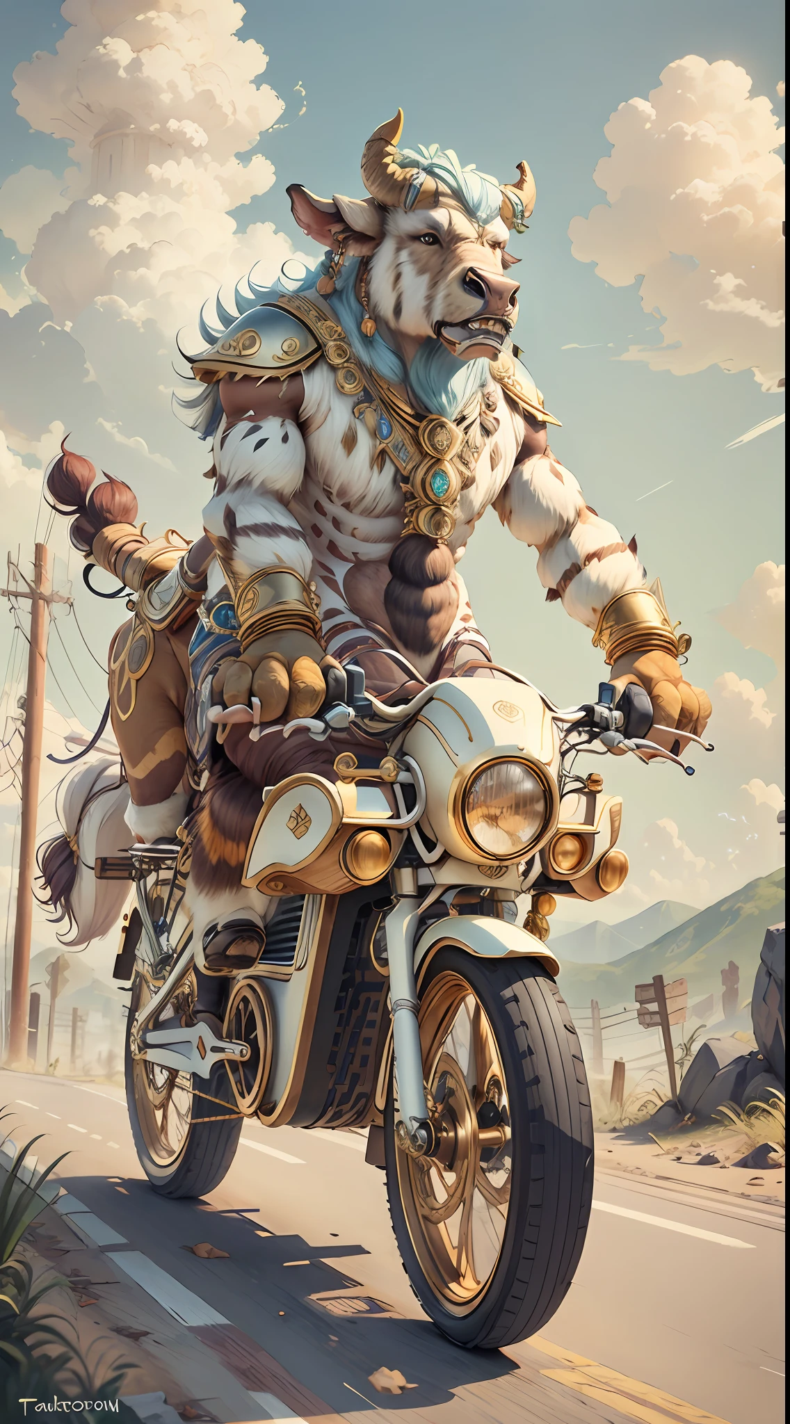 IvoryGoldAI，(tauren), (riding an electric bike)