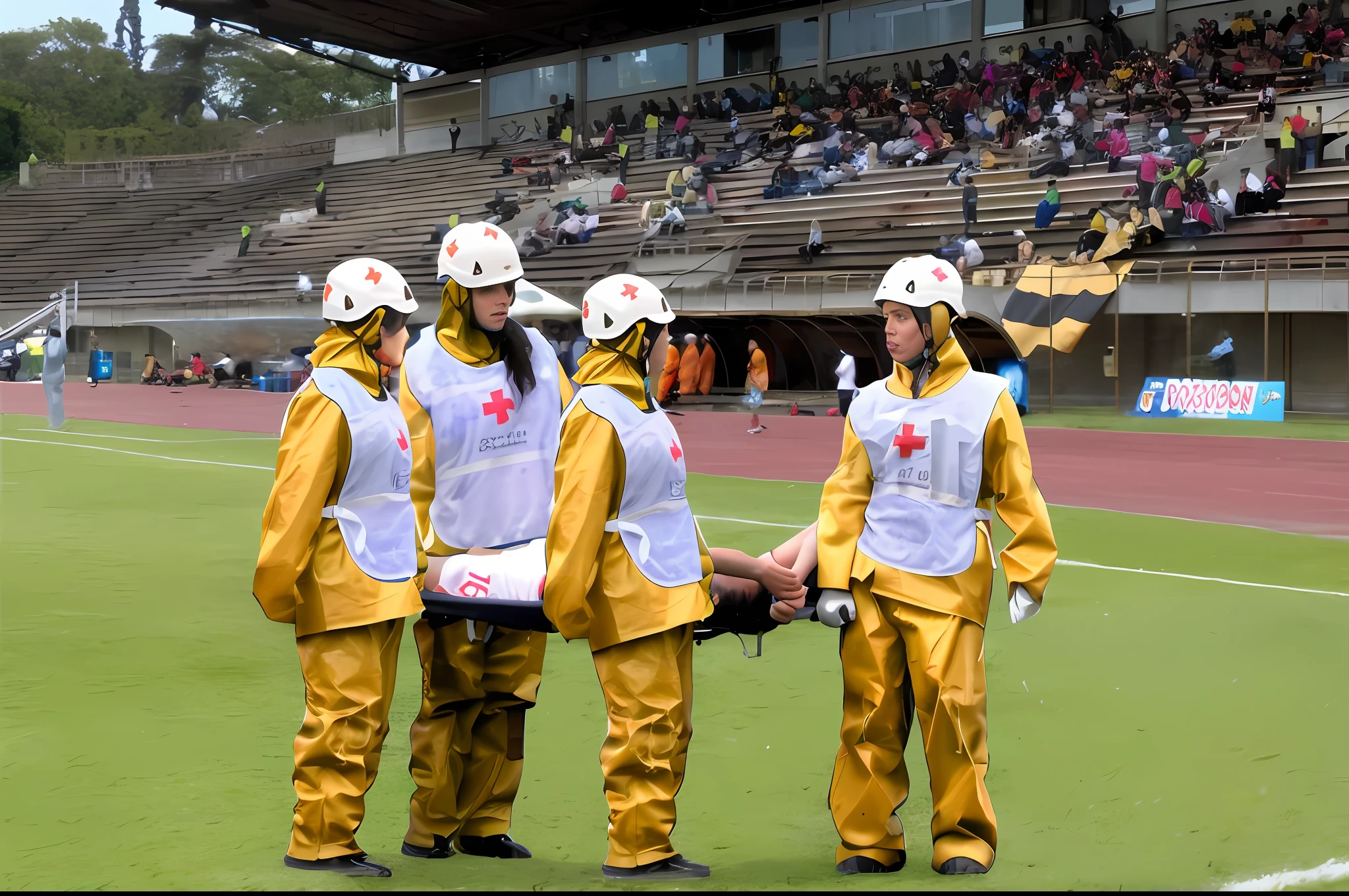 there is a male soccer player in short sportswear lying injured on a stretcher, there is an injured sportsman who is covering his face on a stretcher, an injured sportsman is covering his face with his hands, an injured sportsman is writhing ecstatic in pain on a stretcher, dramatic pity pose, there is a very female woman in a high-shine coat, a high-shine black wetlook coat, a long shiny coat, a wetlook glossy coat, a wet black laquered coat, a very female looking wife is wearing a wetlook coat, injured, medic, soccer action pose, affection pose, lecherous action pose, dramatic action pose, theatralic pose, there is an attractive woman that is carrying a suffering man on a stretcher, there is a beautiful woman in a shiny coat who is carrying a blond man on a wet orange stretcher, a longhaired beautiful woman in a high-shine coat, a longhaired woman in a shiny downcoat, a woman is carrying a stretcher with a shorthaired man who is wearing shorts and a t-shirt, a weak man in spots shorts is consciousless and needs to be carried on a wetlook pvc stretcher, a shorthaired man with closed eyes is carried on a stretcher by a longhaired woman, a woman looks very scared and terrified, a consciousless man with closed eyes is suffering very much and has a very painful face, photo, photo shoot, photographed , accident, help, aid, first aid, pity