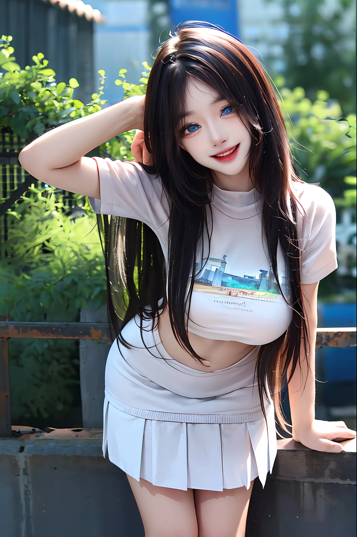 official art, masterpiece, sharp focus, (beautiful gorgeous cute Korean woman:1.3), (beautiful cute korean:1.3), korean beauty, Delicate and beautiful hair and eyes and face, realistic, ultra detailed, beautiful girl, blue sky, glow white particle, (sidelighting:1.2), sun light, white cloud, detailed clouds, slender, Lovely very large breasts and very large hips, smile with teeth, ((smile with eyes, open both eyes)), scenery, long straight hair, sexy facial expression, building, (cityscape:1.7), dynamic hair, long straight hair, detailed platinum pink hair, glow blue eyes, (blue pleated shirts + white skirt), white long socks, pale skin, hair ornament, epic scenery,