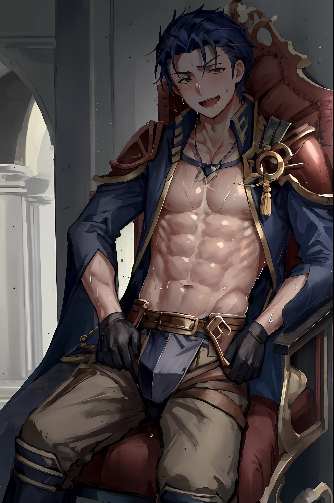 Hector Fey, Solo, Looking at the Audience, Smile, Open Mouth, Sweat, Get Wet, Get Wet, Drooling, Gloves, 1boy, Sitting (straddling), Male focus, Crotch view, Crotch close-up, Tie, Coat, Pectoral (Sweating of Pectoral Muscles), Abs (Sweating of Abs), From Below, Castle View