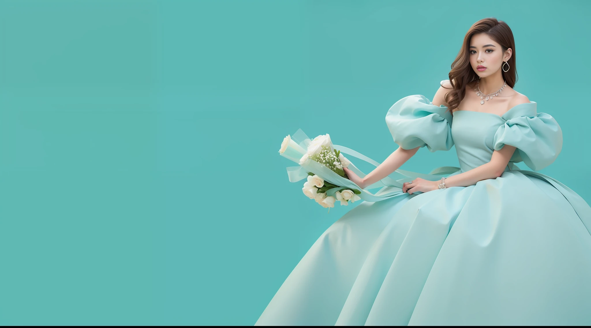 A noble temperamental beauty holding a bouquet of flowers, Facial details are exquisite，Dressed in Tiffany clothes, Tiffany blue pure photography background, Photo elegant digital art, tiffany style，Texture，the detail， hightquality