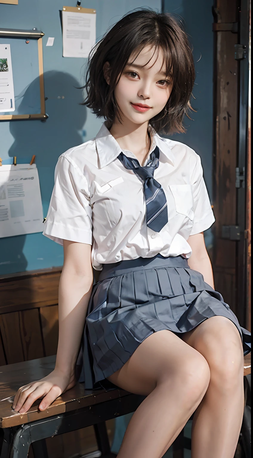 Shooting bob hair, schoolgirl, ((summer school uniform))),(foot_focus),(cowboy_shot),white_pantyhose, side style, White shirt, blue striped tie, Short sleeves, dark blue prill skirt, Classroom, seductive_smile, Small head, bangs, urban, Small head, Pale pink lips, Happy, mediating_breats, Small hips, Slender body