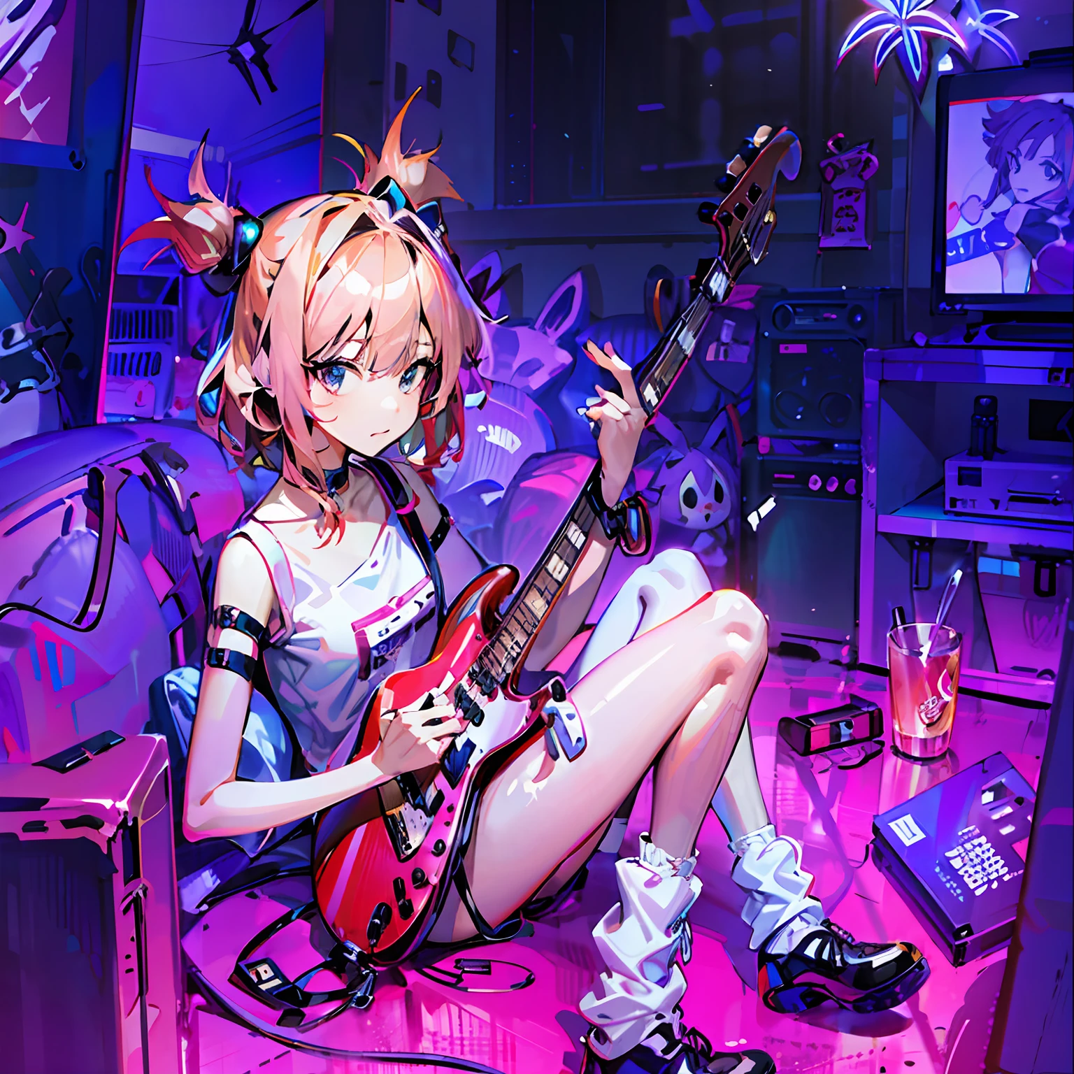 anime girl with a guitar in a room with a purple background, style of anime4 K, nightcore, splash art anime loli, anime moe art style, High Quality Anime Art Style, Bass solo, (animemanga girl), Best anime 4k konachan wallpaper, rocking out, Anime style illustration, 8 0 s anime vibe, Anime art wallpaper 8 K, anime vibes, Electric bass