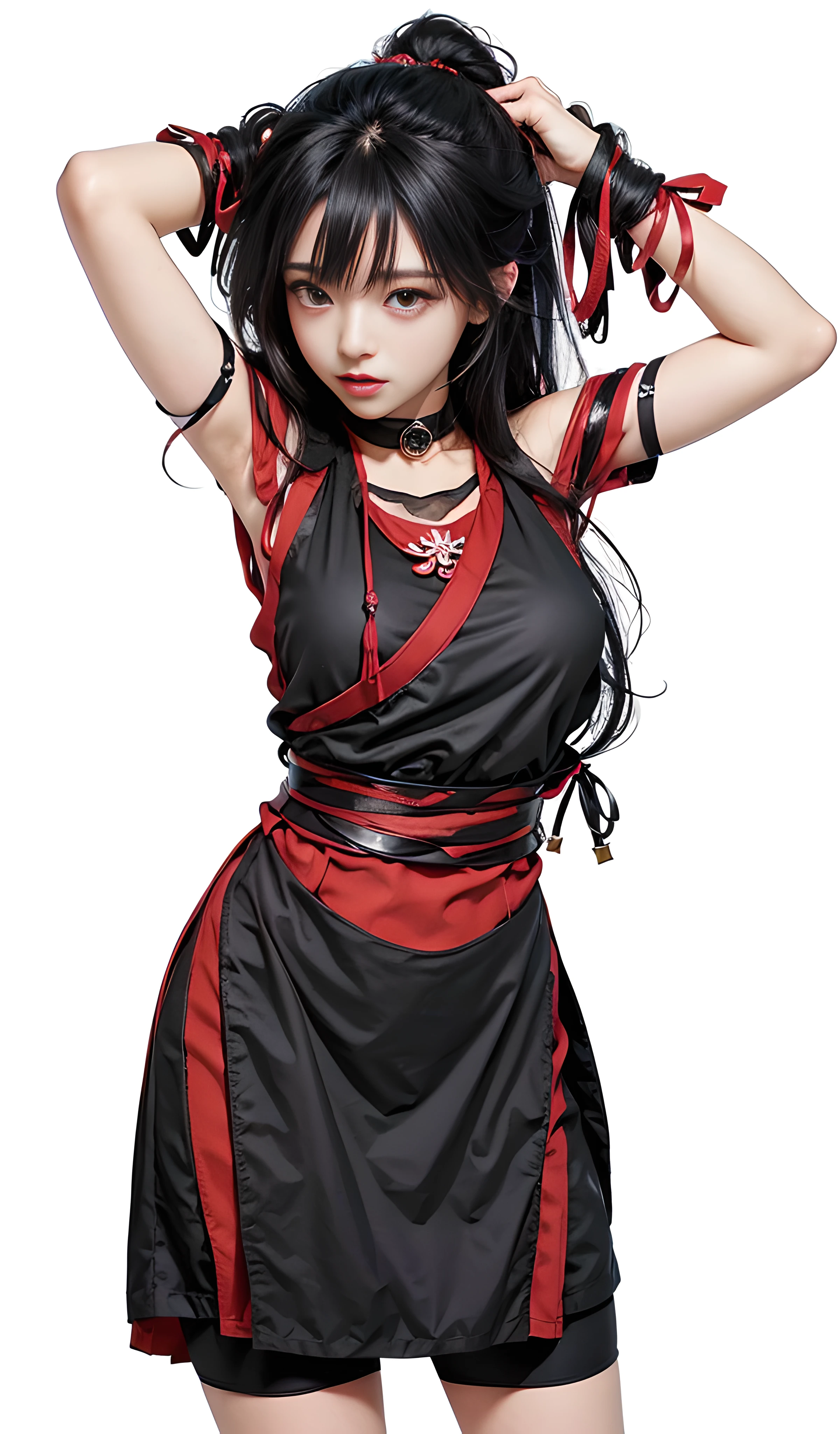 anime girl with black hair and red dress holding her hands on her head, an anime drawing by Jin Homura, Pisif, shin hanga, Anime girl wearing black dress, nezuko-chan, cute anime waifu in a nice dress, nezuko, full body xianxia, anime moe art style, Kantai collection style, Full body!