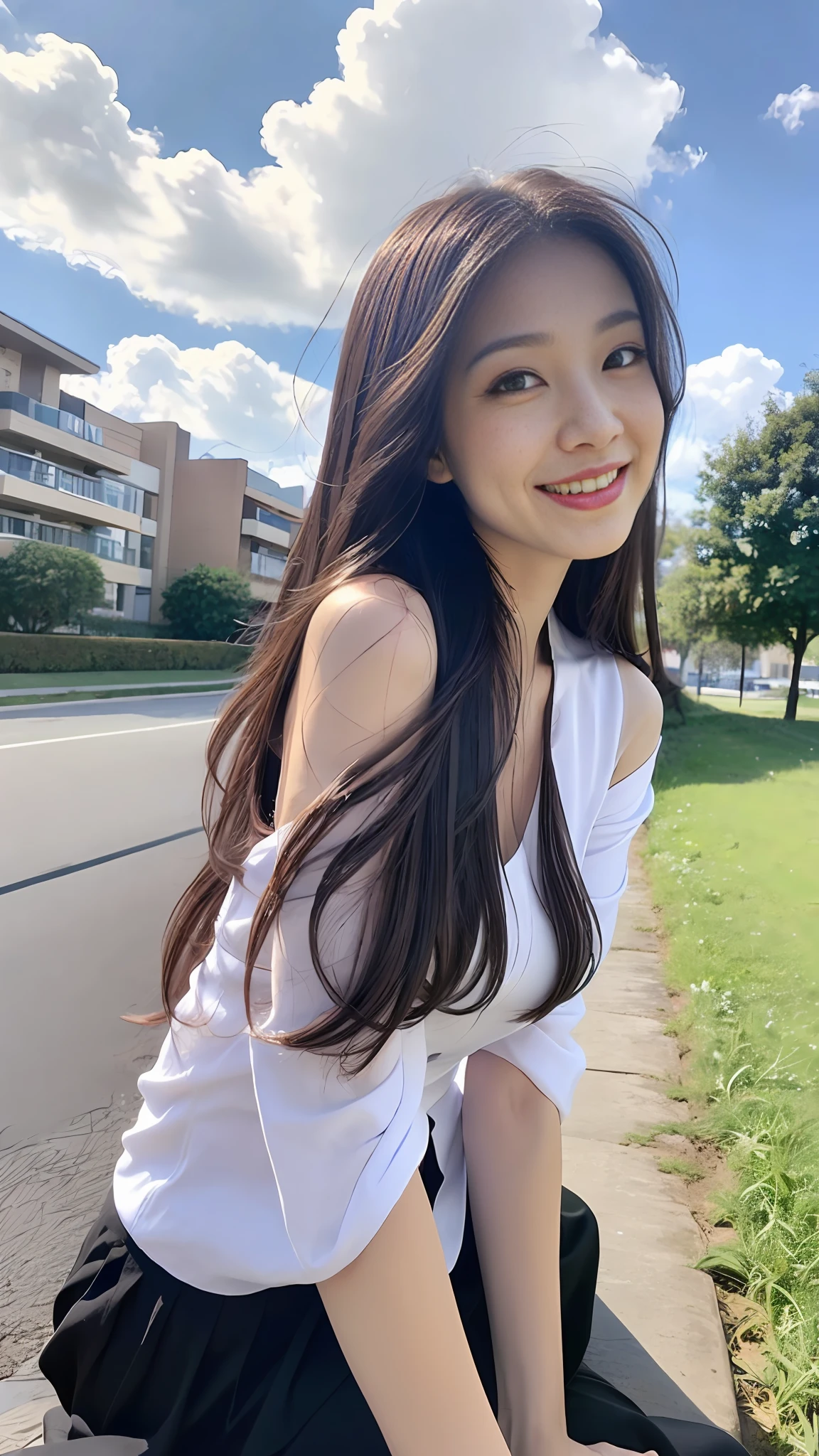 ((Best Quality, 8K, Masterpiece:1.3)), A beautiful girl, pure, melon face, gentle and cute, sweet smile, pure desire, thin figure, (frontal), (tilted head), looking directly at the camera, uniform, obi, formal, black silky long straight hair, long hair flowing over the shoulders, round black big eyes, clear big eyes, moist red lips, sweet, sitting on the side of the road, blue sky and white clouds, grass, buildings,