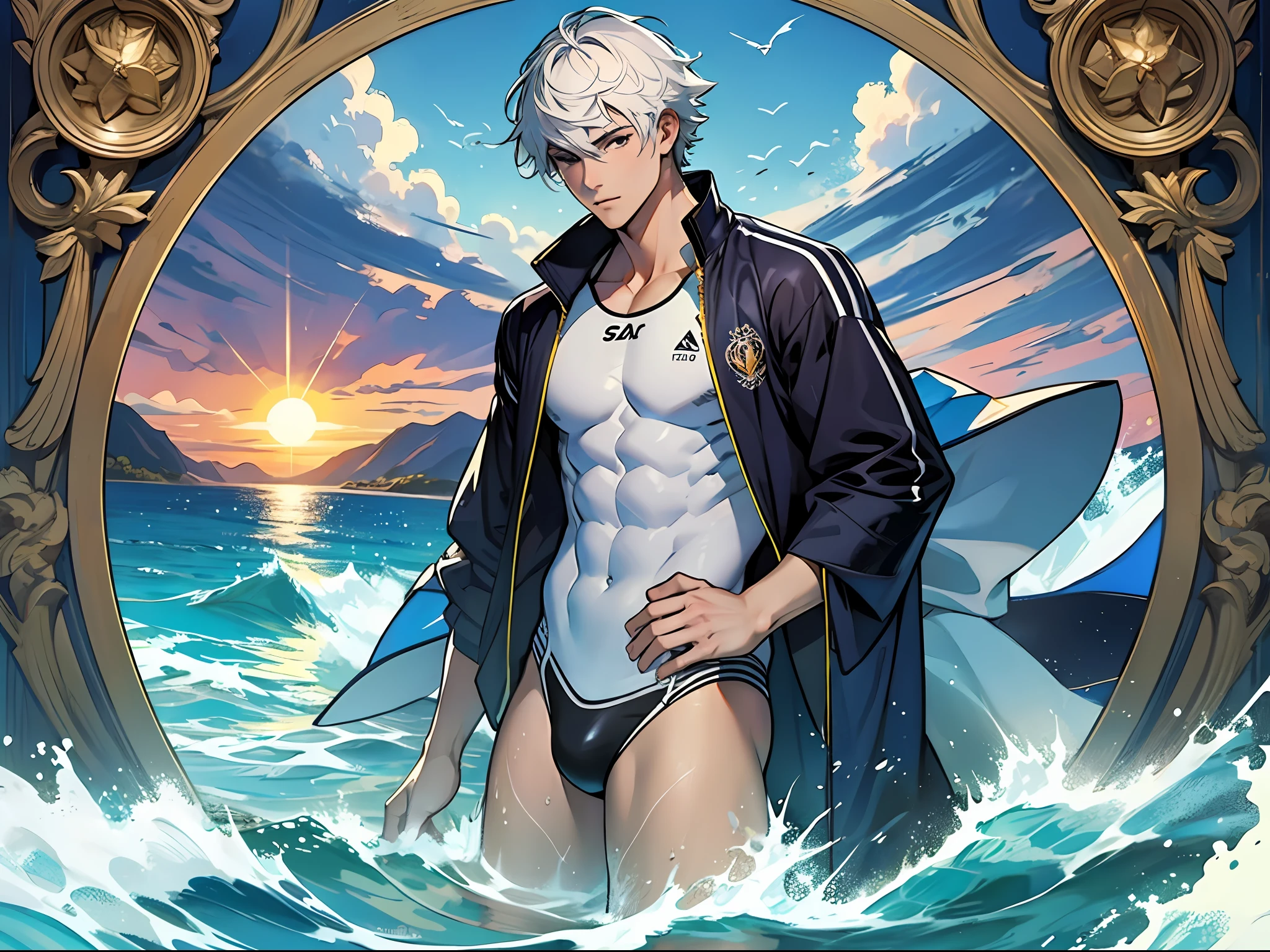 1man,Slender men、Art Nouveau,Beautiful men。Adult male、vague、sea surface、suns。swimming uniforms、Dynamic composition、beste-Qualit。Top image quality。