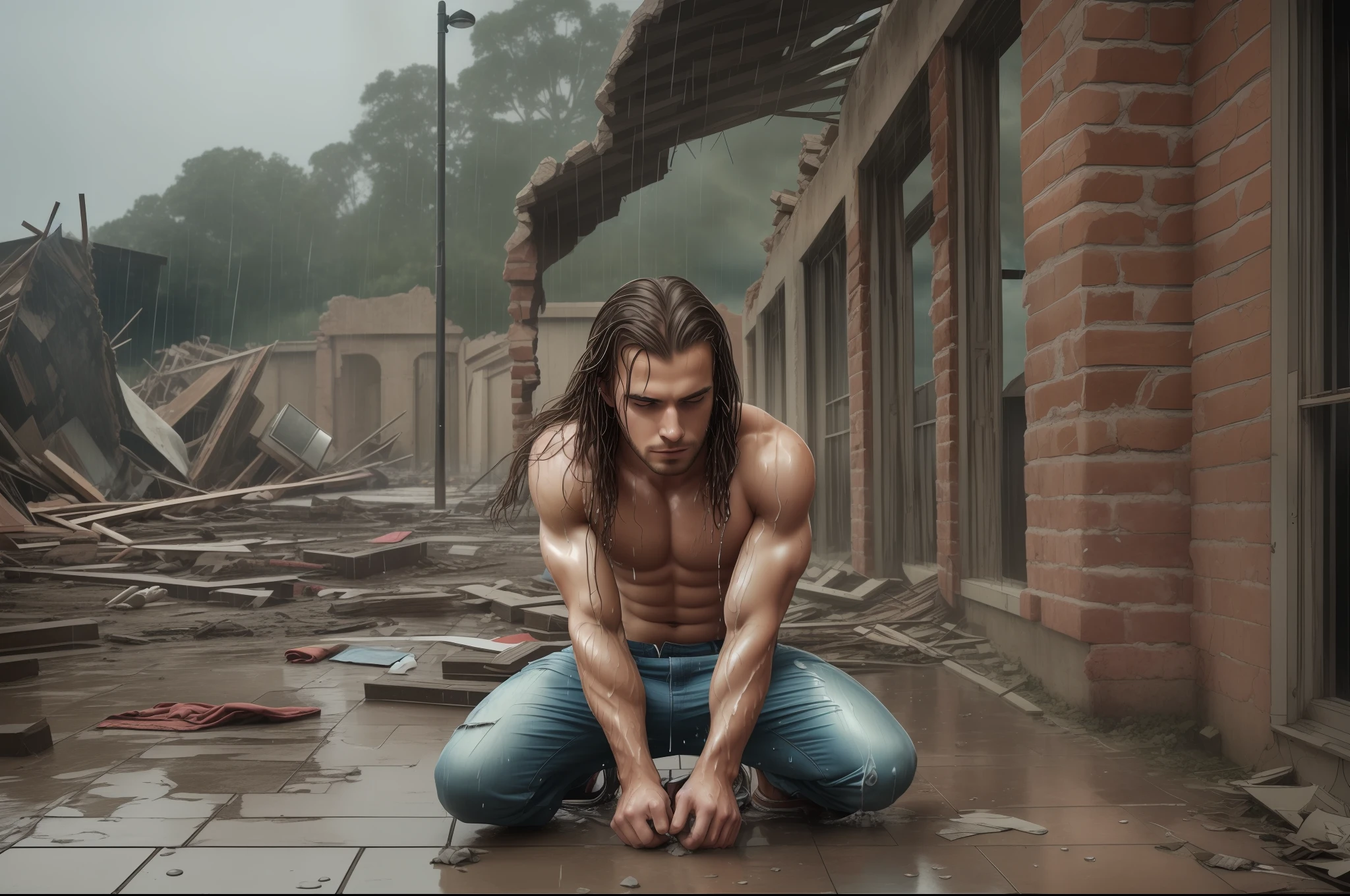 Handsome Long Haired Young Man, looking at the ruins of a house, Dim, Darkness, Rain, Lightning, Despair, Tears, Teardrops, Torn Clothes, Wet Clothes. Kneeling on the Ground, Biting Lower Lip, Bare Shoulders, Real Rain, Wet Hair. Ruins and construction debris as background. Realistic Ray traicing. --auto --s2