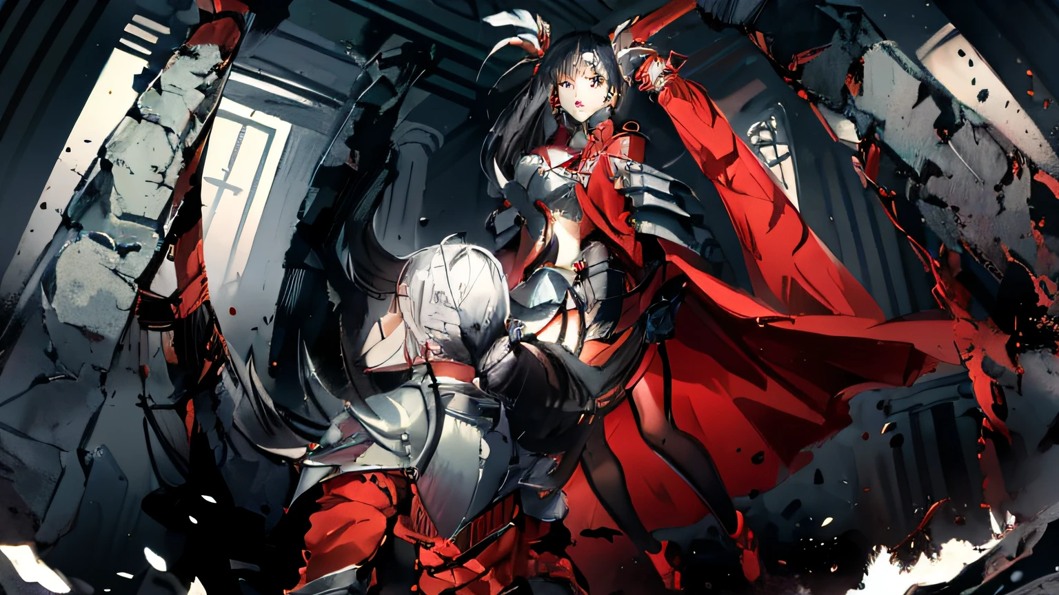 In the dark temple,A man in armor(Men are backs)Grab a red cape with your piercing hands(white fluff)Beautiful woman with black hair with white feathers on her head,