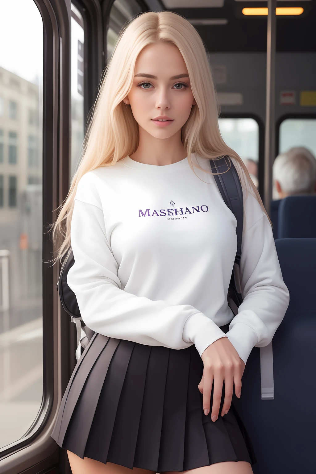 hyper realistic, masterpiece, best quality, ultra detailed, high resolution, nice body, fine figure, extremely detailed, white hair, long hair showing one ear, delicate pale white skin, no ability to tan, flawless, straight hair, angles dynamic, cinematic lighting, depth of field, colorful, clear cinema, expressive eyes, clean lines, perfect face, slightly blue eyes, university sweatshirt and short pleated skirt, on the bus with a backpack, beautiful legs, happy face, perfect body
   , Sharp, Detailed, Professional Lighting, Perfectly Detailed Body Student, Crisp Details, Strikingly Detailed,