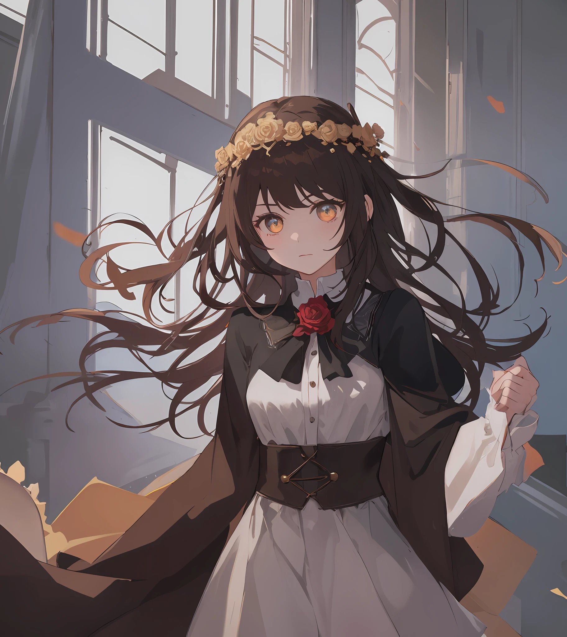 Masterpiece quality，The best quality assurance。A brown hair、Cute girl with golden eyes。She looks very arrogant，Wearing a short Gothic skirt，Exudes magic，With a rose headdress，English-style top，Long hair flutters in the wind，Playful and cute