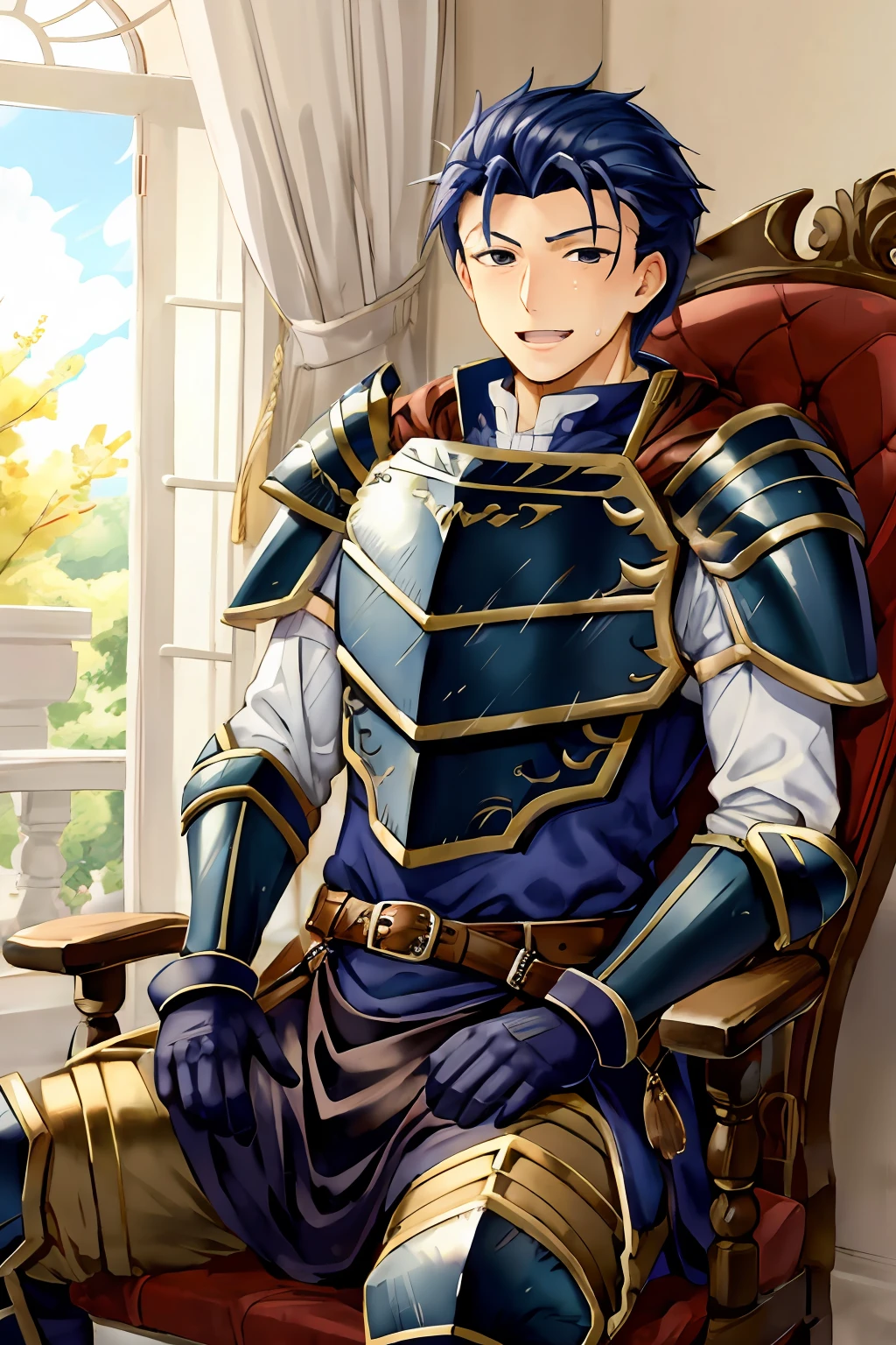 Hector Fey, 独奏, looks at the viewer, Teasing laughter, Open your mouth,droolng,perspire,Drenched,Get wet,mitts, 1 man, Male focus, Sit straddled(sitting in chair),Cloak, Armour, Shoulder armor, pov from below