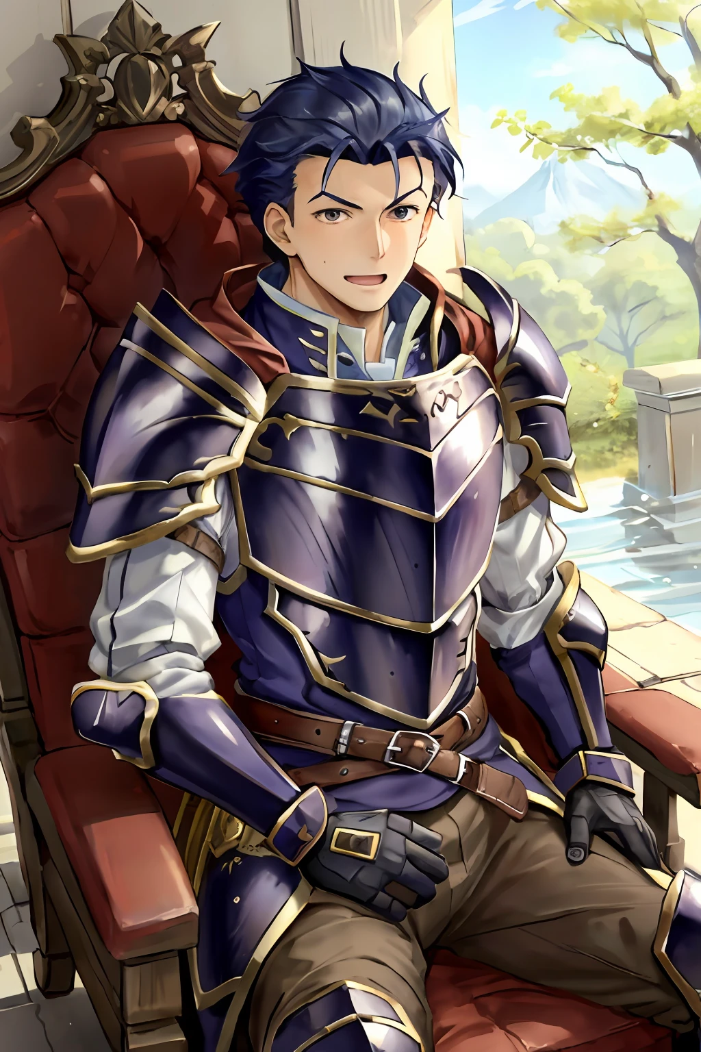 Hector Fey, 独奏, looks at the viewer, Teasing laughter, Open your mouth,droolng,perspire,Drenched,Get wet,mitts, 1 man, Male focus, Sit straddled(sitting in chair),Cloak, Armour, Shoulder armor, pov from below