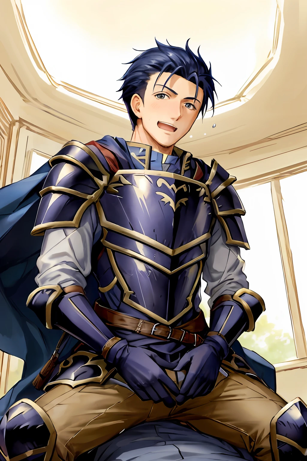 Hector Fey, 独奏, looks at the viewer, Teasing laughter, Open your mouth,droolng,perspire,Drenched,Get wet,mitts, 1 man, Male focus, Sit straddled(sitting in chair),Cloak, Armour, Shoulder armor, pov from below