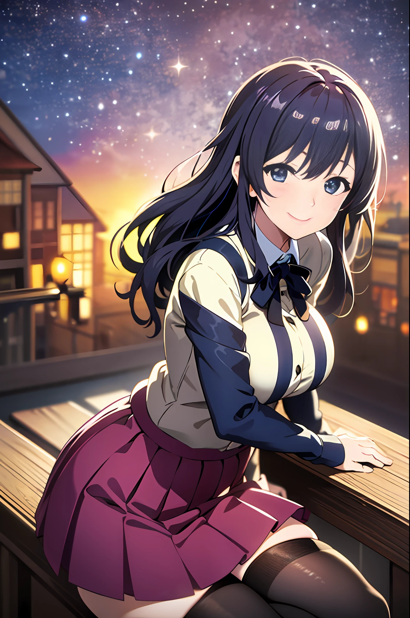 highres, ultra detailed, (1girl:1.3), (dynamic pose):1.0 BREAK, cowboy shot, 1 extremely beautiful and glamorous school idol at school room, wearing a white collard shirt and a knee-length long pleats skirt, black stockings, she has black wavy two-side-up hair style, gigantic-breasted, smile, happy, wind, 8 life size, detailed clothes, detailed body, detailed arms, human hands, detailed hands, blush, light smile, looking the viewer, facing the viewer, sexy model posing, sitting the desk, hands between legs, extremely leaning forward against the viewer, Lights are lit around the street and stars are shining in the sky, studio soft light, cinematic light, detailed background, realistic, ultra-realistic, masterpiece, 32k ultra-sharp image, Japanese anime waifu, concept art by Kyoto animation, Makoto Shinkai,