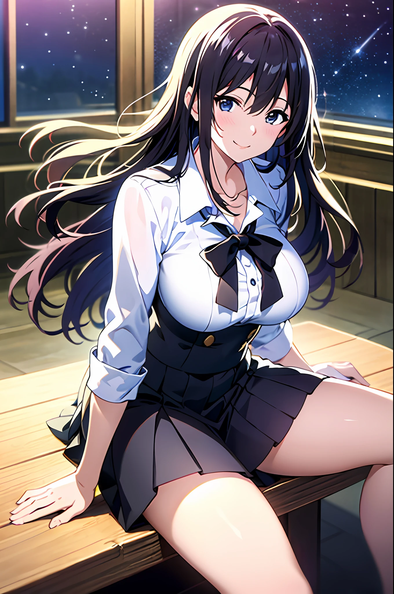 highres, ultra detailed, (1girl:1.3), (dynamic pose):1.0 BREAK, cowboy shot, 1 extremely beautiful and glamorous school idol at school room, wearing a white collard shirt and a knee-length long pleats skirt, black stockings, she has black wavy two-side-up hair style, gigantic-breasted, smile, happy, wind, 8 life size, detailed clothes, detailed body, detailed arms, human hands, detailed hands, blush, light smile, looking the viewer, facing the viewer, sexy model posing, sitting the desk, hands between legs, extremely leaning forward against the viewer, Lights are lit around the street and stars are shining in the sky, studio soft light, cinematic light, detailed background, realistic, ultra-realistic, masterpiece, 32k ultra-sharp image, Japanese anime waifu, concept art by Kyoto animation, Makoto Shinkai,