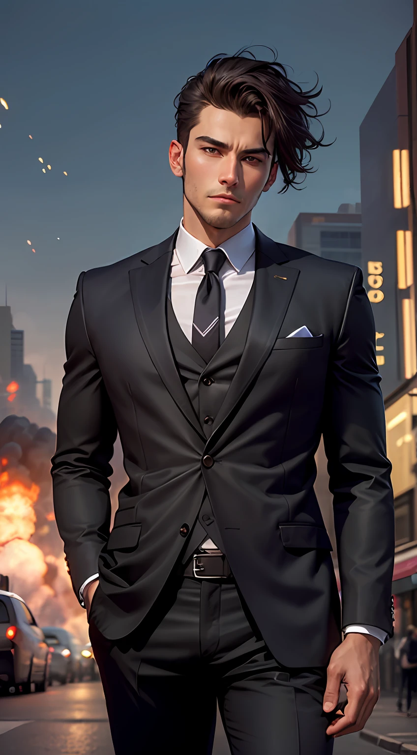 (best quality, high resolution, masterpiece), cool boy with a sleek and modern suit(filmsy jacket:0.9), (handsome face:1.1), (calm expression :1.2), confident stance, Explosion in the background, Exploding cars, city streets