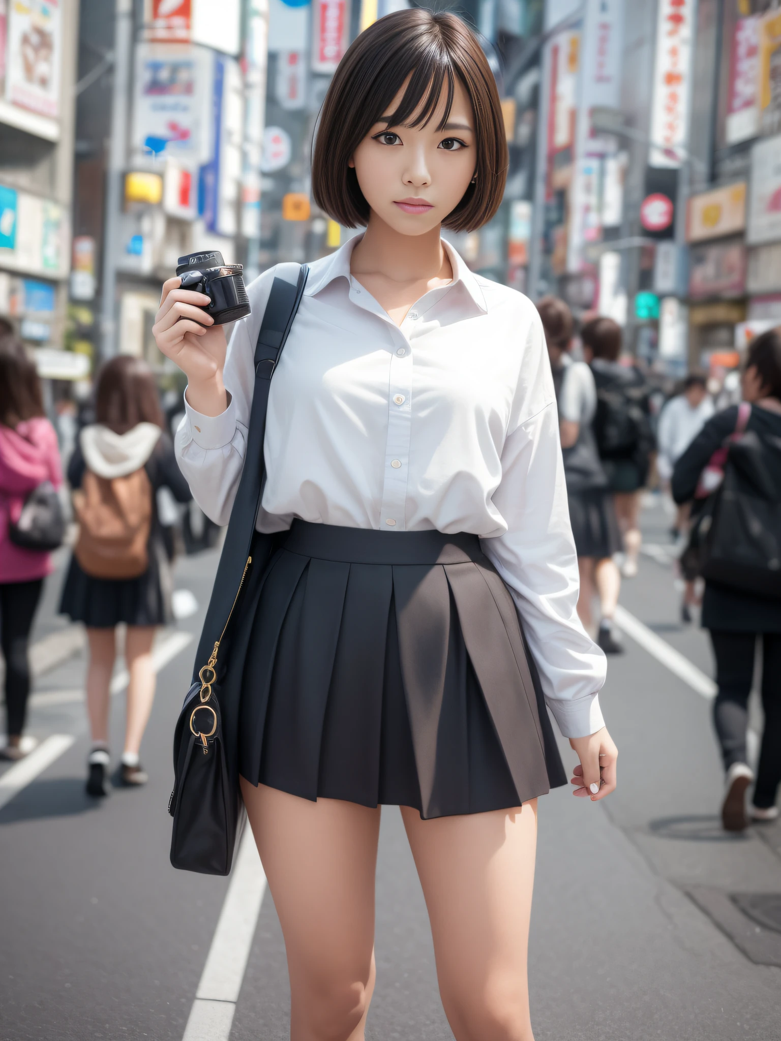 Ultra top quality, masterpiece, ultra high resolution, depth of field, depth of subject, (photorealistic: 1.4), (dramatic, award-winning photography, incredible masterpiece: 1.3), RAW photos, golden ratio, highly detailed CG Unity 8k wallpaper, detailed and complex, incredibly absurd, original, high resolution, raw photos, (perfect body shape), finely complex, DSLR, Soft Lighting, High Quality, Film Grain, Background Blur, Fujifilm XT3, 50mm Lens, Backlit, HDR, Hyperrealistic, Color Grade, Dynamic Pose, Portrait, Japan Person, Short Hair, Smile, Lips, Bangs, (Crowded Akihabara: 1.2), Front View Viewer, Natural Light, Girl, 21 years old, Full Body, Solo, Student, High School, Uniform, Cute High School Girl, Japan School Uniform, Girl in Uniform, Bobby Socks, Skirt, Daytime, Street, Deep Shadow, Cute, Beauty, Unobtrusive, Cold Light 12000K\\Street, Store State, Akihabara, Shinjuku, Shibuya, Ikebukuro, Detailed Realistic, Skin Texture, Super Detailed, Realistic Skin Texture