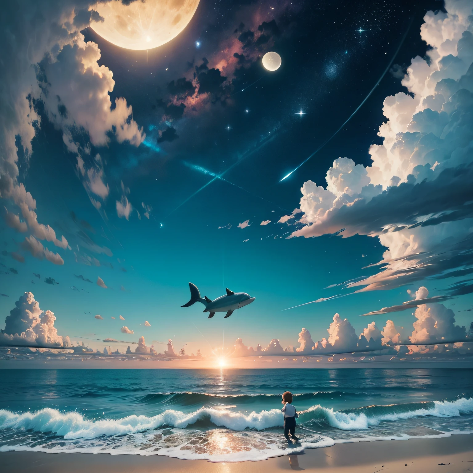 By the sea beach, and little girt the sky,Half of the sky is the stars and the moon,Half are the sun, Blue sky, and white clouds,There is a North Star in the sky,There are flying fish in the sky,A pegasus that flies in the sky,Pegasus' tail is a colorful color,In the distance, there are dolphins jumping in the sea --auto
