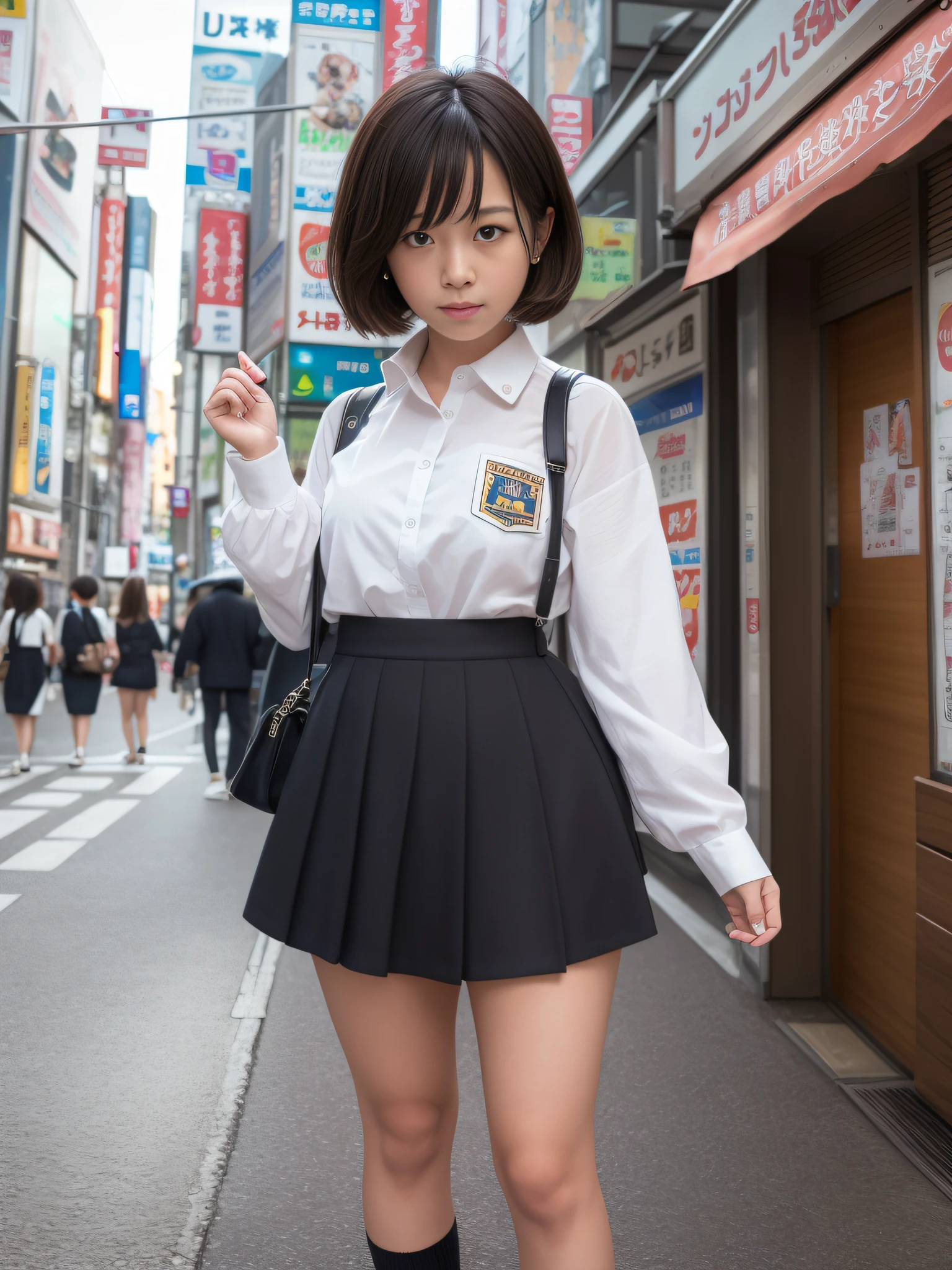 Ultra top quality, masterpiece, ultra high resolution, depth of field, depth of subject, (photorealistic: 1.4), (dramatic, award-winning photography, incredible masterpiece: 1.3), RAW photos, golden ratio, highly detailed CG Unity 8k wallpaper, detailed and complex, incredibly absurd, original, high resolution, raw photos, (perfect body shape), finely complex, DSLR, Soft Lighting, High Quality, Film Grain, Background Blur, Fujifilm XT3, 50mm Lens, Backlit, HDR, Hyperrealistic, Color Grade, Dynamic Pose, Portrait, Japan Person, Short Hair, Smile, Lips, Bangs, (Crowded Akihabara: 1.2), Front View Viewer, Natural Light, Girl, 21 years old, Full Body, Solo, Student, High School, Uniform, Cute High School Girl, Japan School Uniform, Girl in Uniform, Bobby Socks, Skirt, Daytime, Street, Deep Shadow, Cute, Beauty, Unobtrusive, Cold Light 12000K\\Street, Store State, Akihabara, Shinjuku, Shibuya, Ikebukuro, Detailed Realistic, Skin Texture, Super Detailed, Realistic Skin Texture
