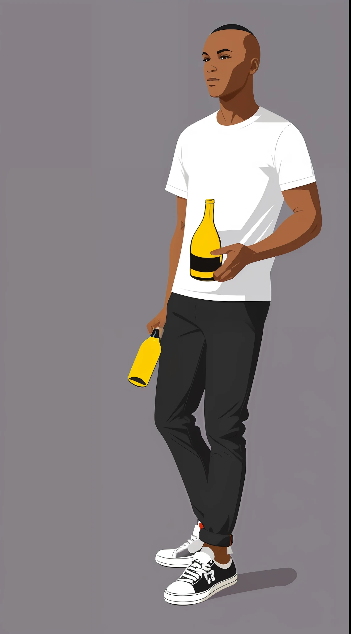 Illustration of black-haired young skinhead man with gray Parker and sneakers holding a bottle of white wine is drawn in a flat design