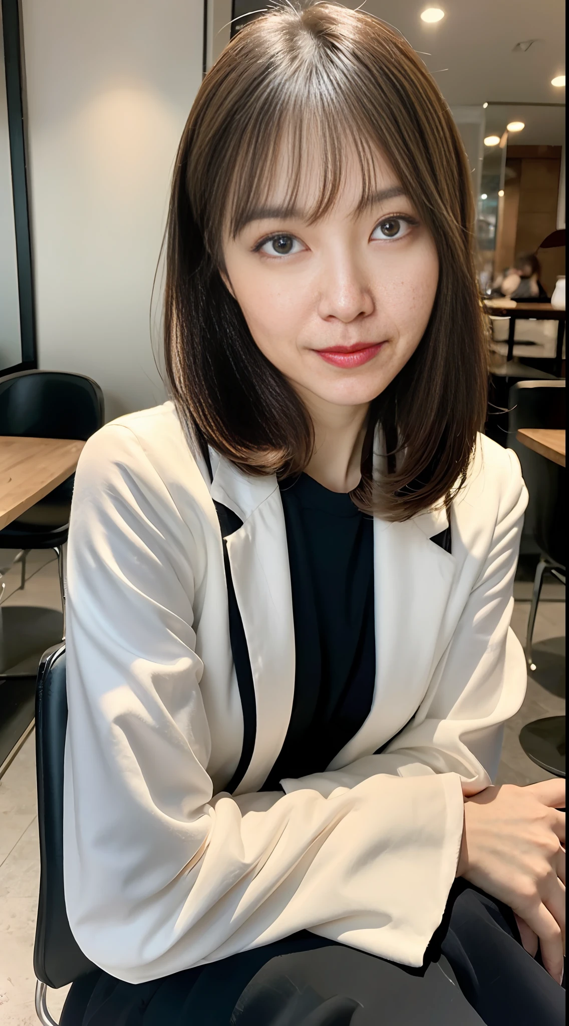 шедевр, Top image quality, A high resolution, 独奏, small tits, 40yo, (wrinkles:0.08), 1 persons, cafes, sits on a chair, Stylish coordination, Bob Hair, vera,