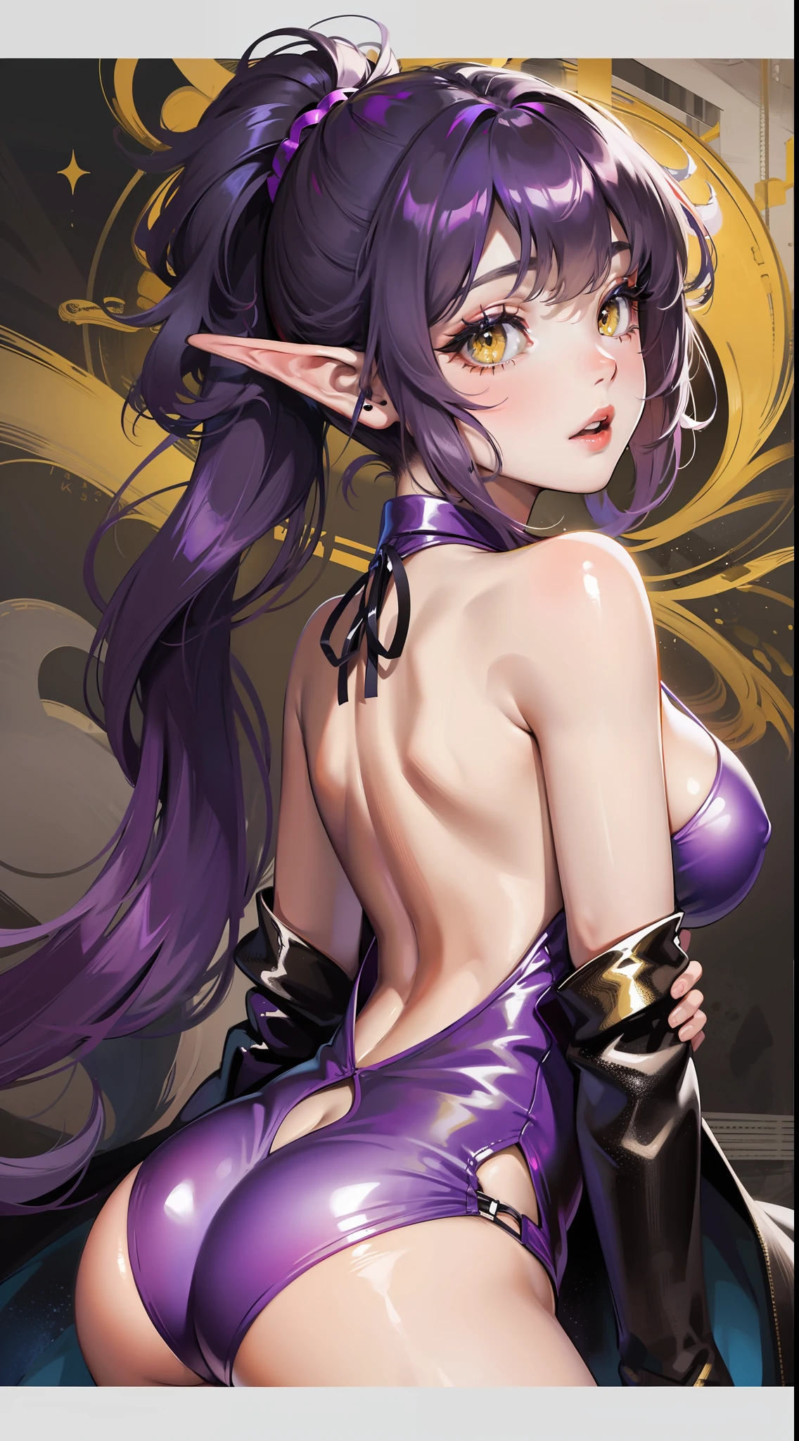 Young black girl, long curly purple hair, elf ears, low ponytail, nice, Yellow eyes, open purple drees, open shoulders, open back, standing back, look around, Masterpiece, high qulity