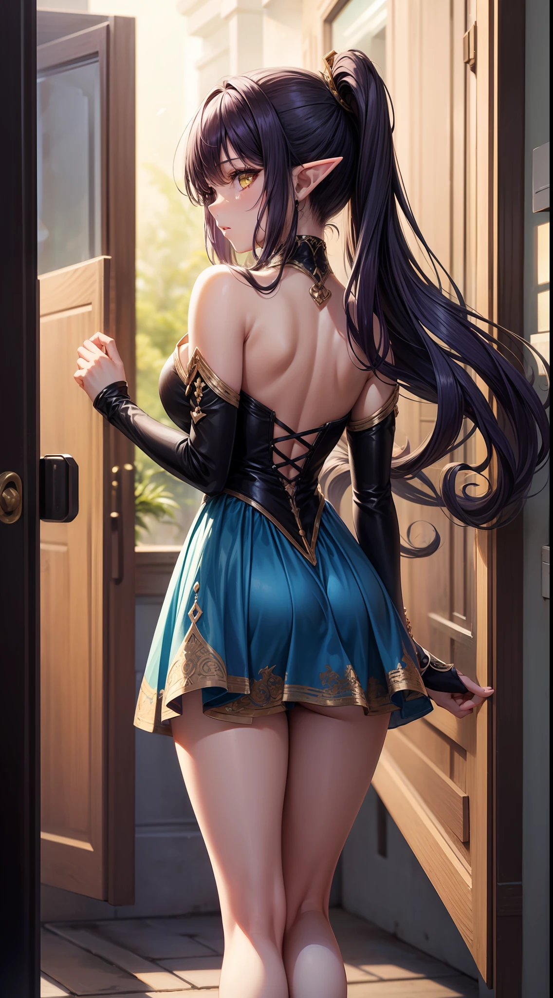 Young black girl, long curly purple hair, elf ears, low ponytail, nice, Yellow eyes, open purple drees, open shoulders, open back, standing back, look around, Masterpiece, high qulity