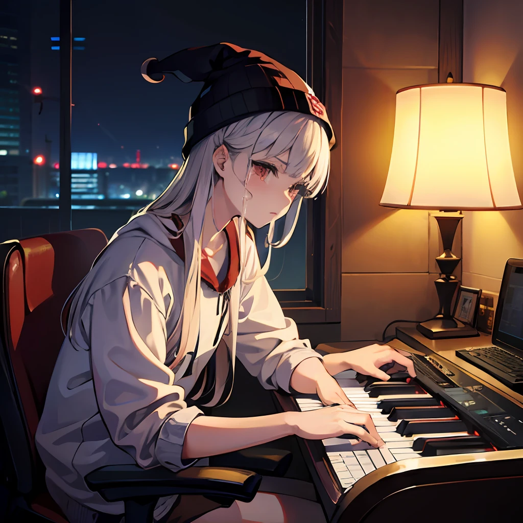 beste-Qualit、шедевр、Ultra-high-end resolution、Man playing keyboard while sitting、Beatmaker、knit hat、Long bangs、White Skin Skin、Dark room、Blue light、nights、Crescent、desolate、Wooden Desk、Crying、Smoking cigarettes、Guibli、hayao myiazaki --auto