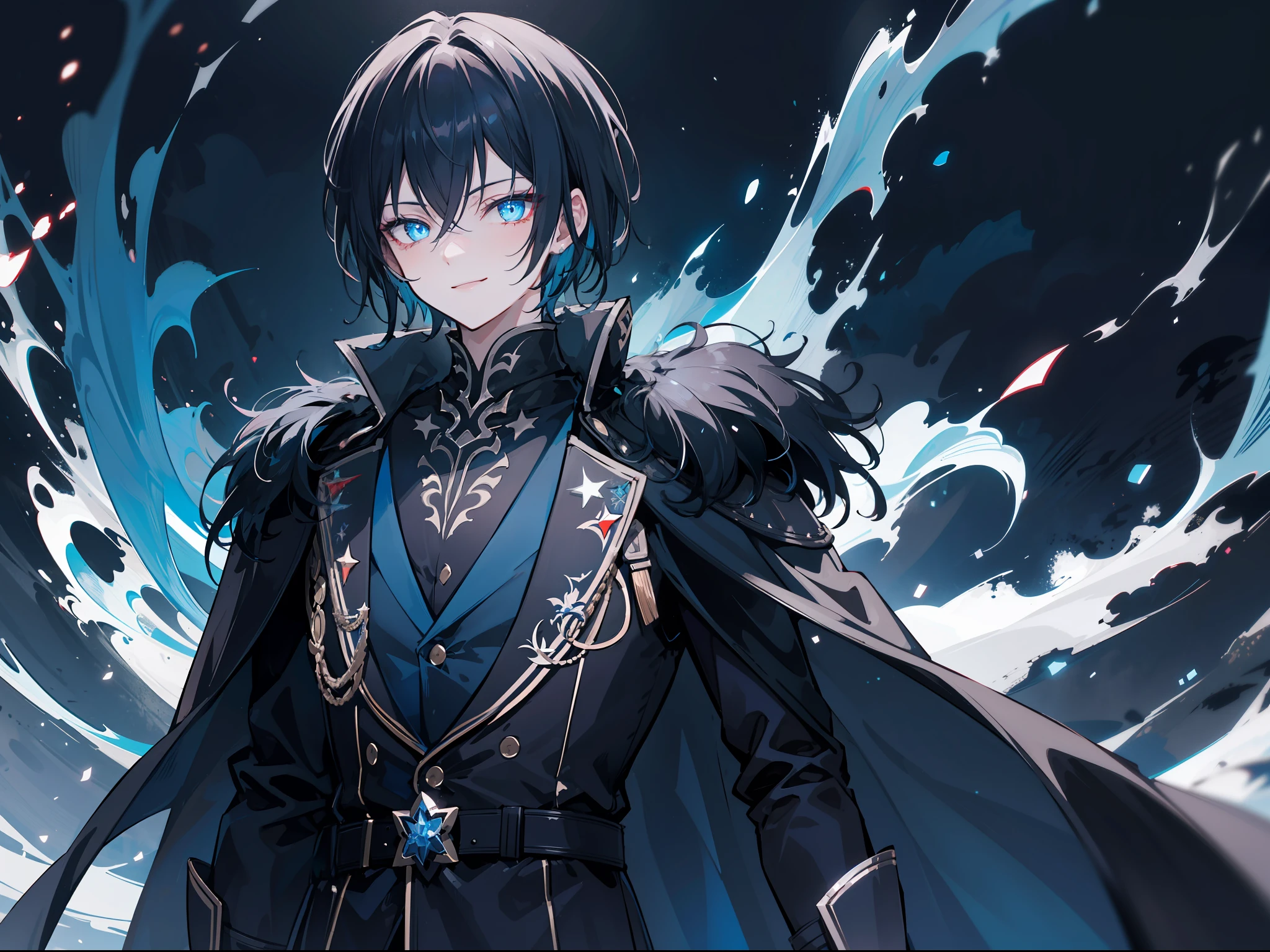 "Epic dark atmosphere, stunning 4k artwork featuring a dark knight, dark short hair, glowing blue eyes wearing general coat with 5 stars on his clothes, he is from fallen kingdom, he have dark aura and psychopath little smile."