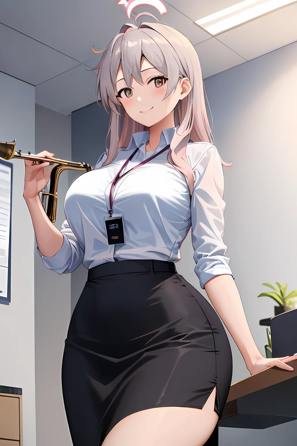 ((masterpiece, best)),(1girl),((mature woman)), light pink hair, dizzy, trumpet, ((office lady)), bangs, mid-chest, (full), slim, smiling, [wide hips] ,office,standing, aru \(blue archive\),