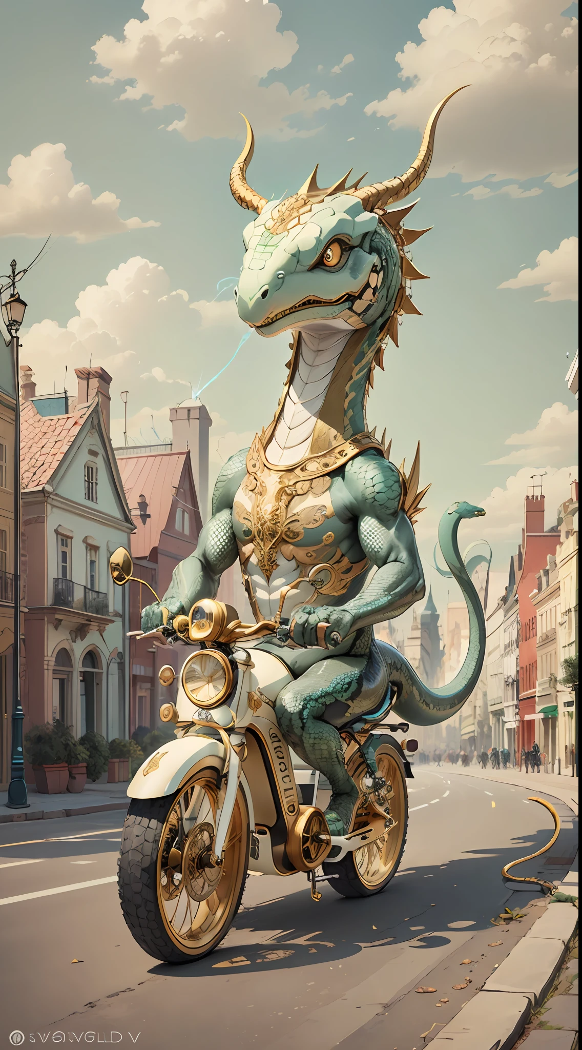 IvoryGoldAI，(serpent), (riding an electric bike)