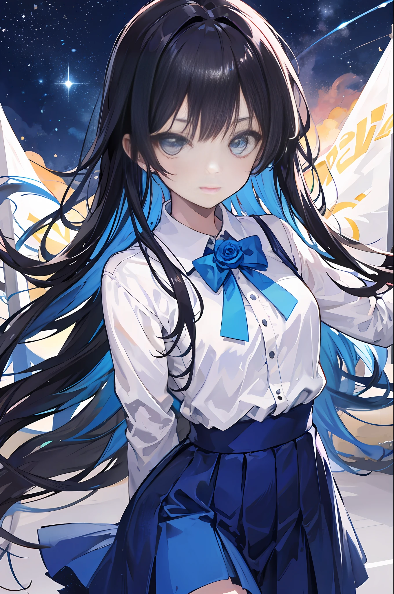Blue dress,8yo,girl,Blue rose,Black hair color,Long hair,Blue rose girl,Skirt,Young pretty Princess,Blue rose school uniform,Blue rose,{{{Smiling}}},odd eyes,🌌,skirt,👧,{{{{😮🎤}}}}, Blue eyes,Serious face,Ado,Singer,singing,Blue yandere,odd eyes,{{{{long hair}}}},navy and Black hair color,Hololive,vtuber,1 cute girl, sexy pose,100-layer, highest, best, amazing, great, detail, stylish, , small breasts ,masterpiece, best quality, 1girl,{{solo}}, looking at viewer, portrait,sketch, {{pale blue tone}} oil painting, detailed face, cover, good lighting, realistic landscape, black, {{{{ringed eyes}}}}, dark eyes, medium breasts, expressionless{{{{smile}}}}, closed mouth, {{arms behind back }}, {{{{Tokyo, shibuya}}}},white shirt