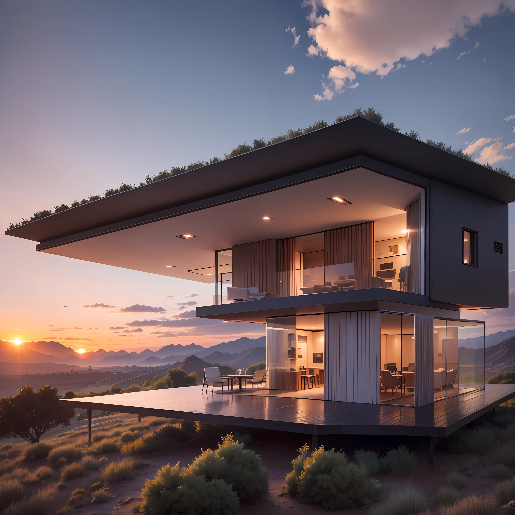 A futuristic house overlooking the valley, sunset, 4k --auto --s2