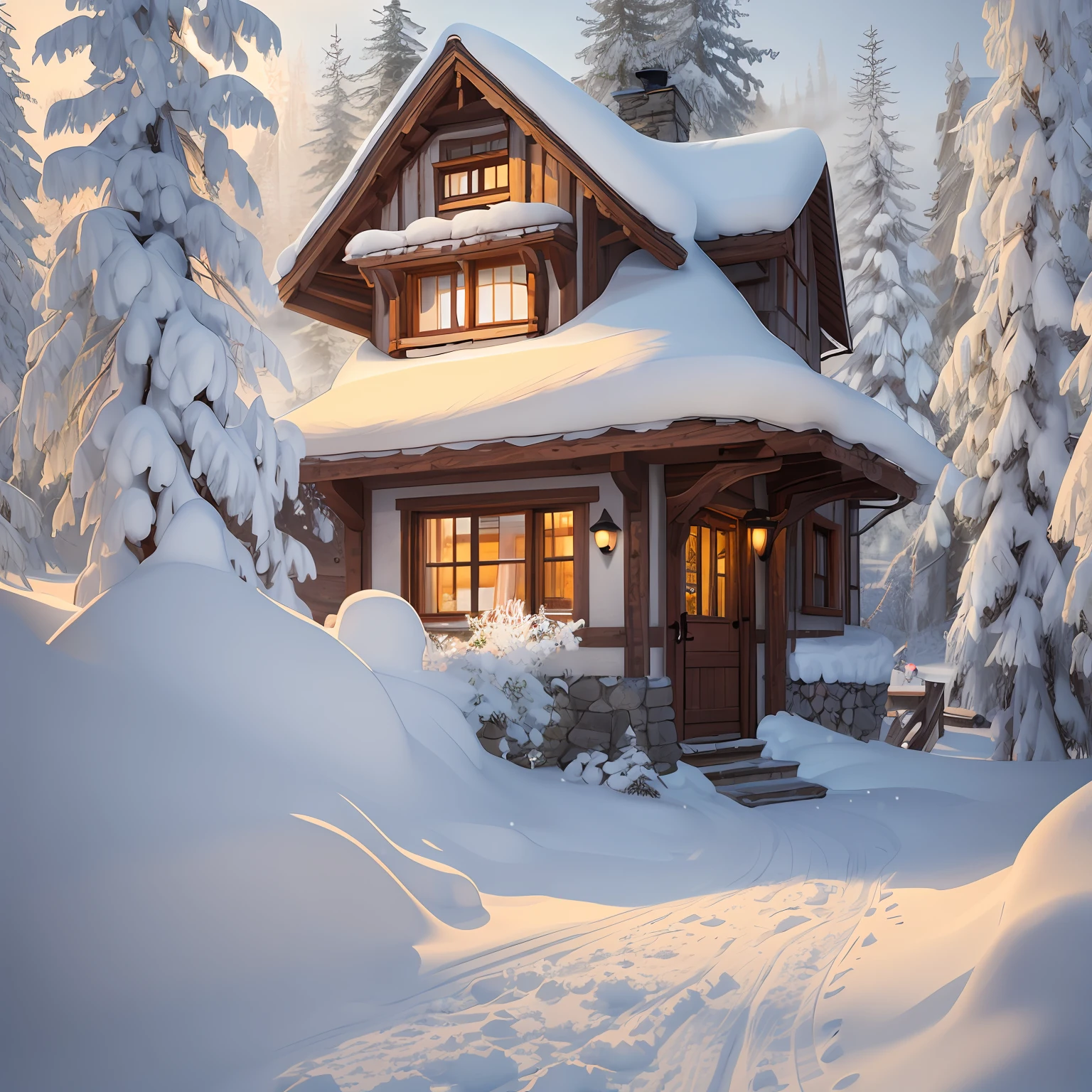Cottage doorstep，Snow spread over the doorway，animel，distortion，the best quality，In the Alps，Winter atmosphere，There is fog ，nigth，horryfing，It's scary，hyperrealistc --auto