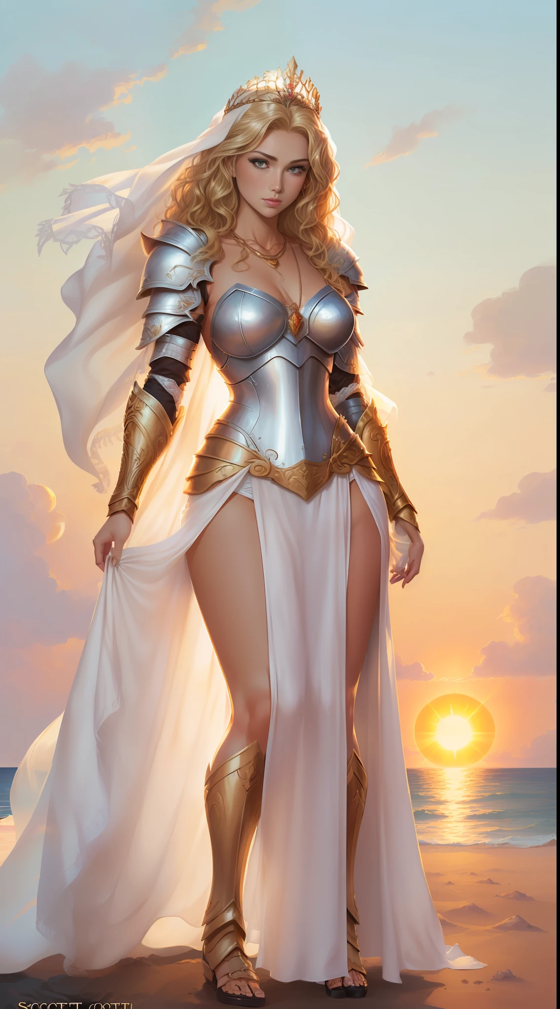 ((full body)), (((head to toe))), 1 female, solo, beautiful blushing slender Queen of Sun (((with wavy blonde hair))), small bust, narrow waist, thin legs, (((against Sun background))), (((gorgeous white armor, loincloth))), sunstone necklace, sunstone tiara, gold veil, (((American comic style with dark contours))), (((art by J. Scott Campbell)))