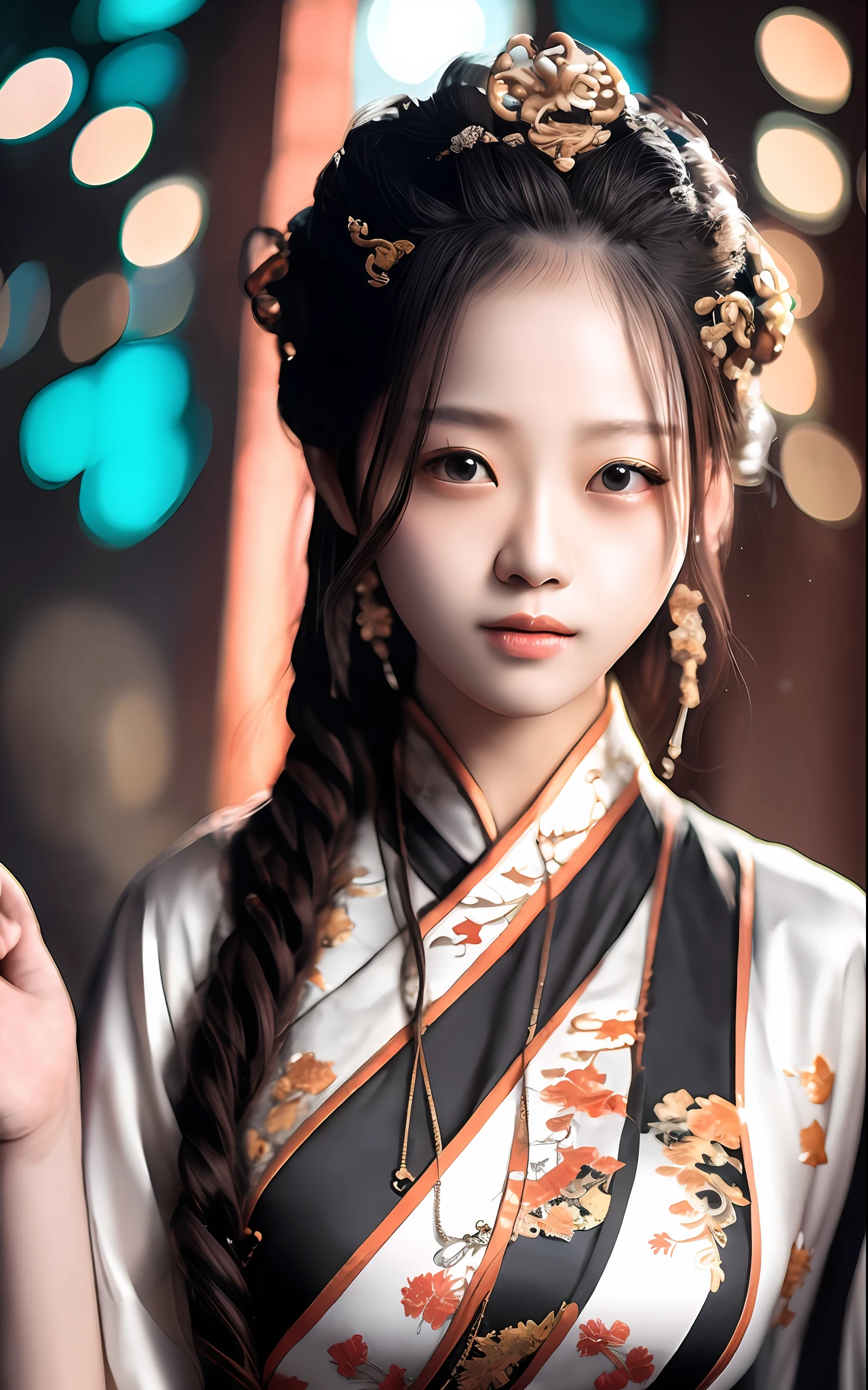 best quality, masterpiece, highres, wuxia 1girl,blush,(seductive smile:0.8),star-shaped pupils,china hanfu,hair ornament,necklace, jewelry,Beautiful face,upon_body, tyndall effect,photorealistic, dark studio, rim lighting, two tone lighting,(high detailed skin:1.2), 8k uhd, dslr, soft lighting, high quality, volumetric lighting, candid, Photograph, high resolution, 4k, 8k, Bokeh