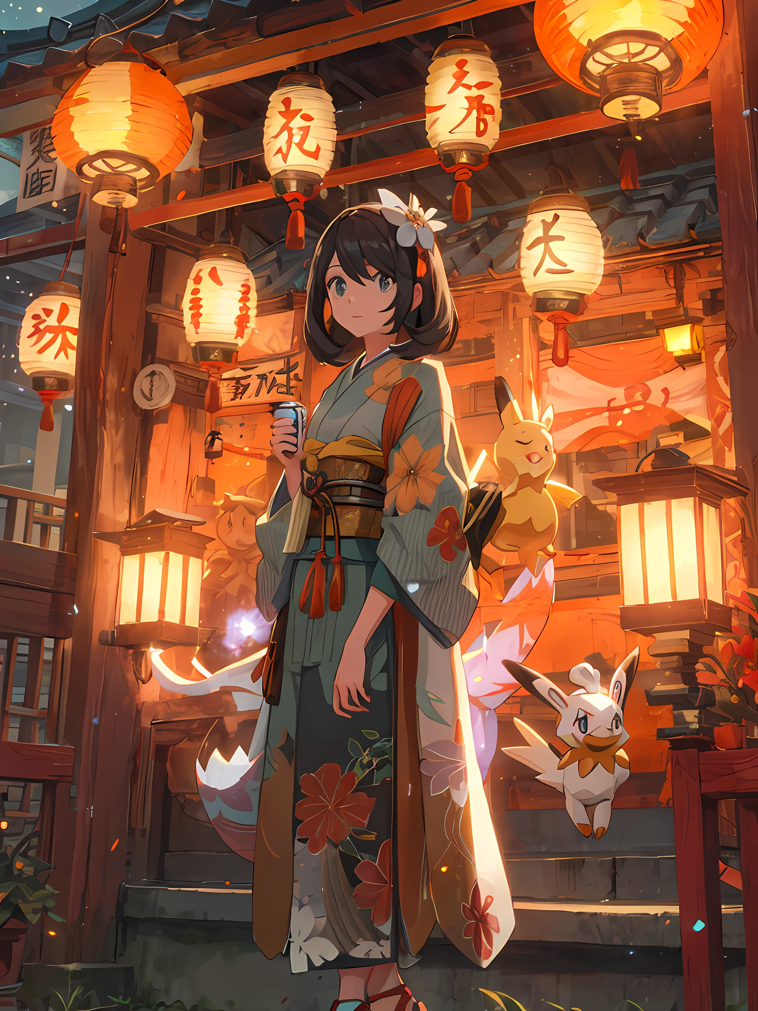 character from pokemon, a woman is standing near a group of lanterns in front of a small building, japanese-inspired, Detailed face, pokemon beside, High saturation, Particle effects, High image quality. 4K, ultra high def,