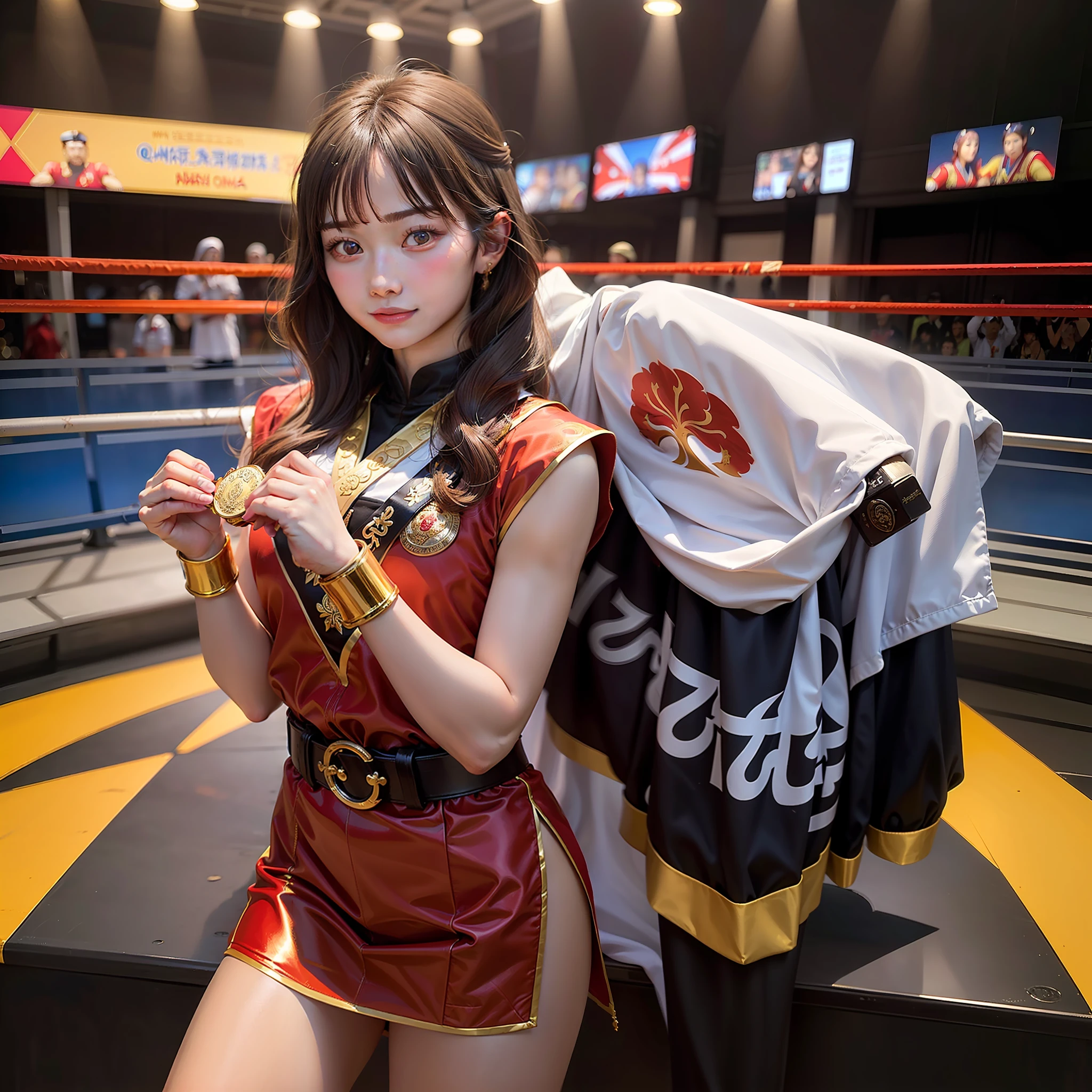 a woman standing on top of a podium holding a medal, martial arts tournament, gold belt, champion, gold metal, am a naranbaatar ganbold, warrior girl, a young woman as genghis khan, queen of warrior, chess tournament, 1 st winner, tournament, arabian wrestling woman, hana alisa omer, north adult female warrior, has gold